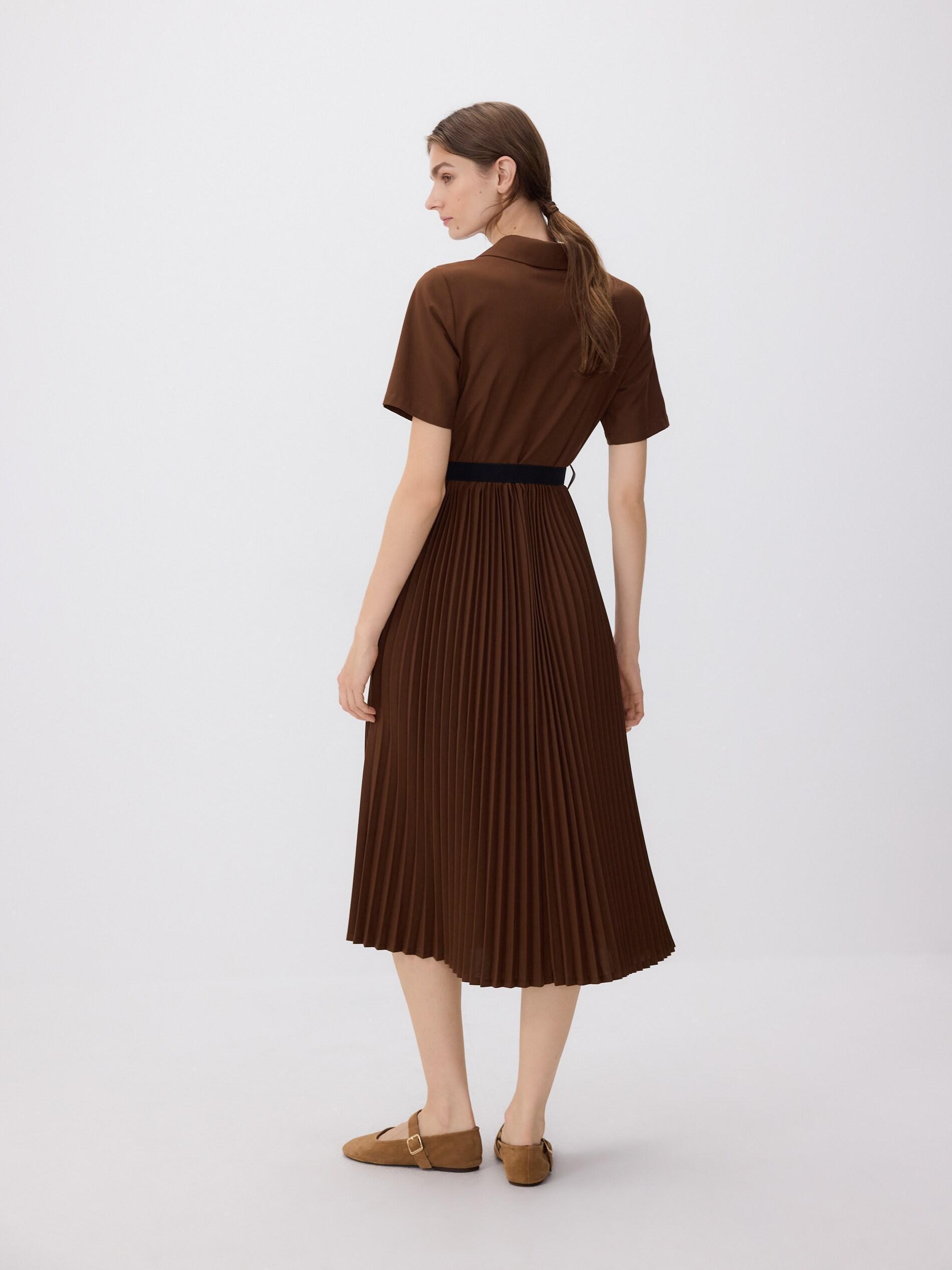 Brown Dress With Pleated Skirt, Brown, large image number 3