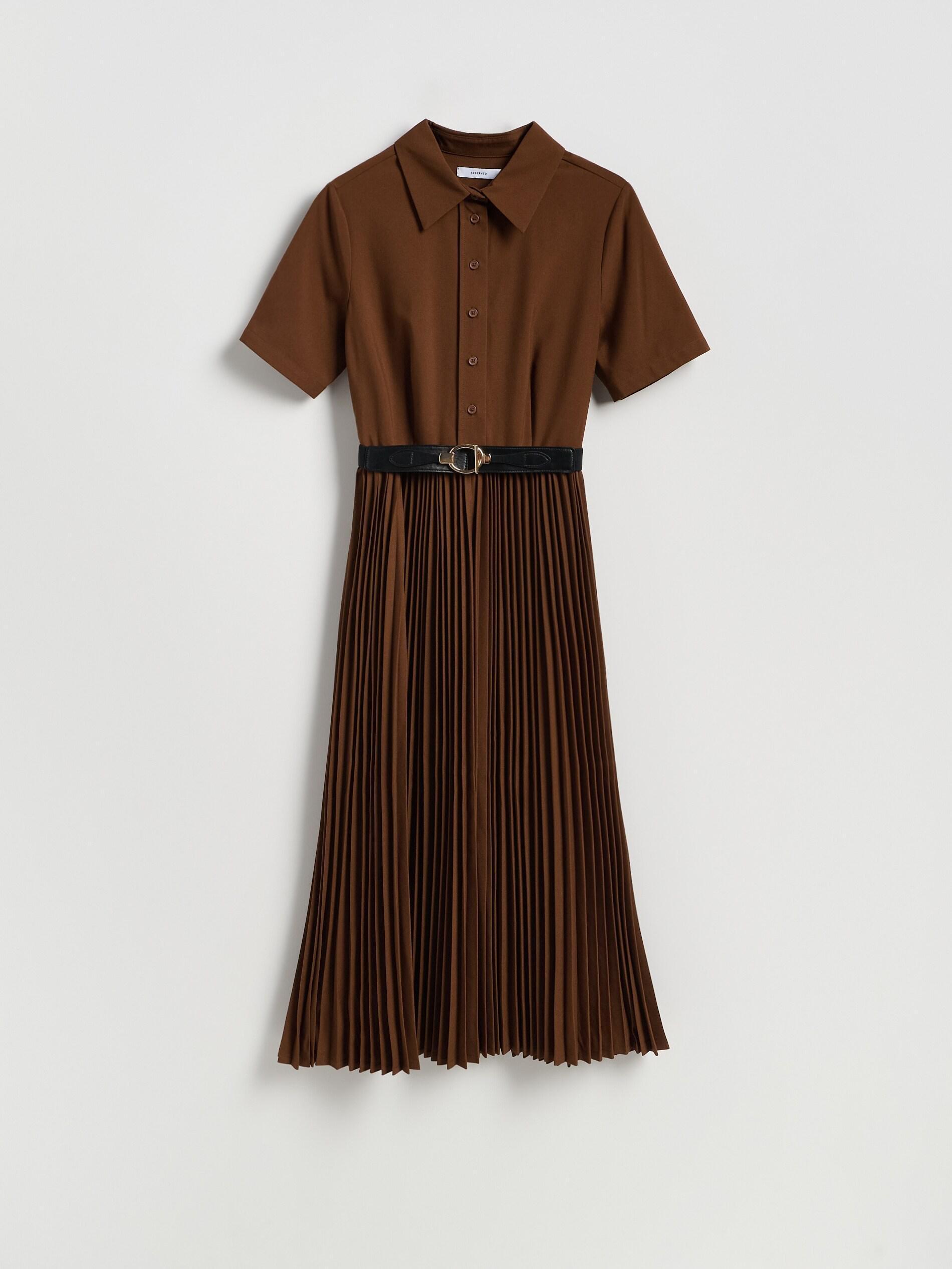 Brown Dress With Pleated Skirt, Brown, large image number 4
