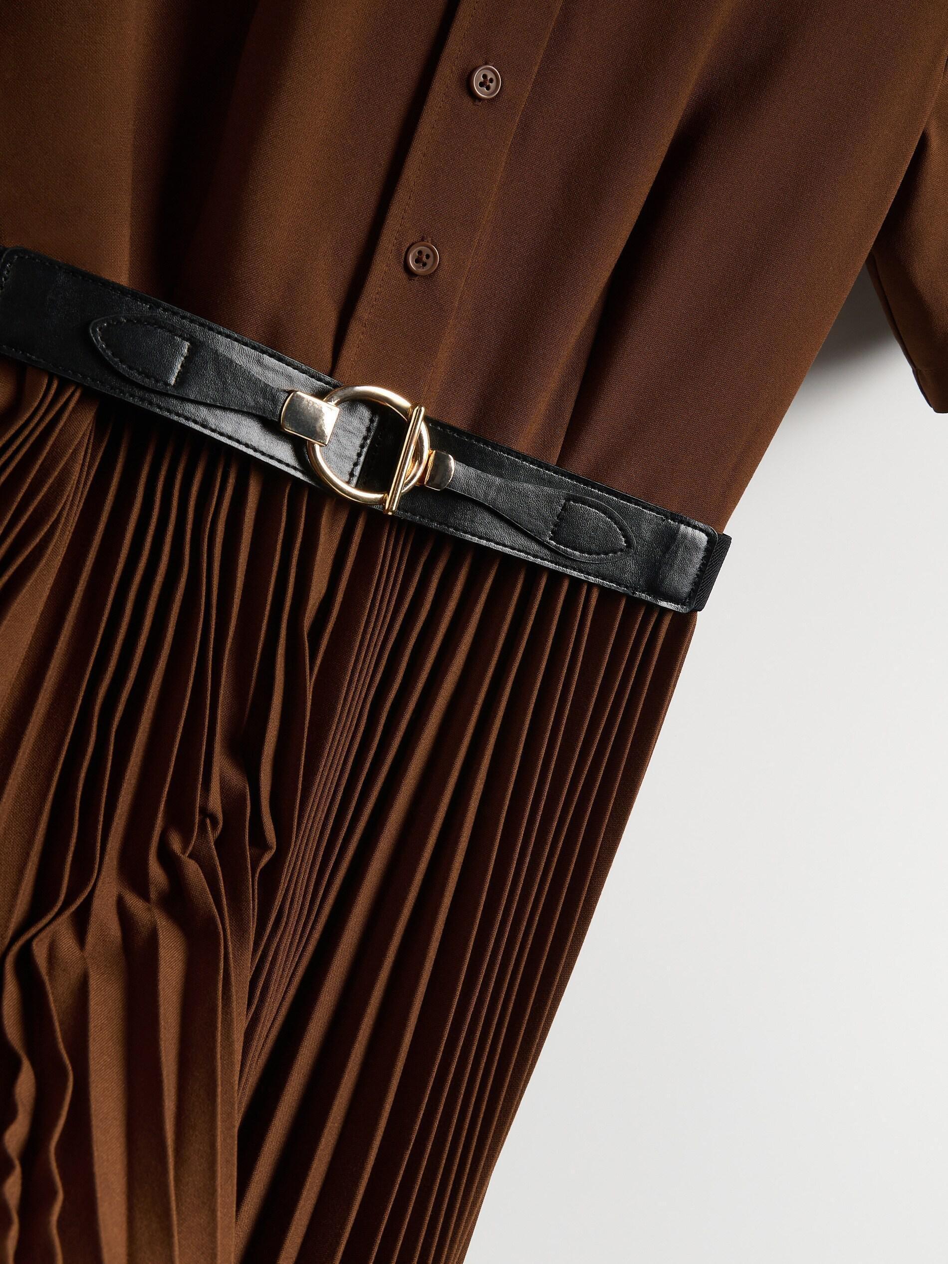 Brown Dress With Pleated Skirt, Brown, large image number 5