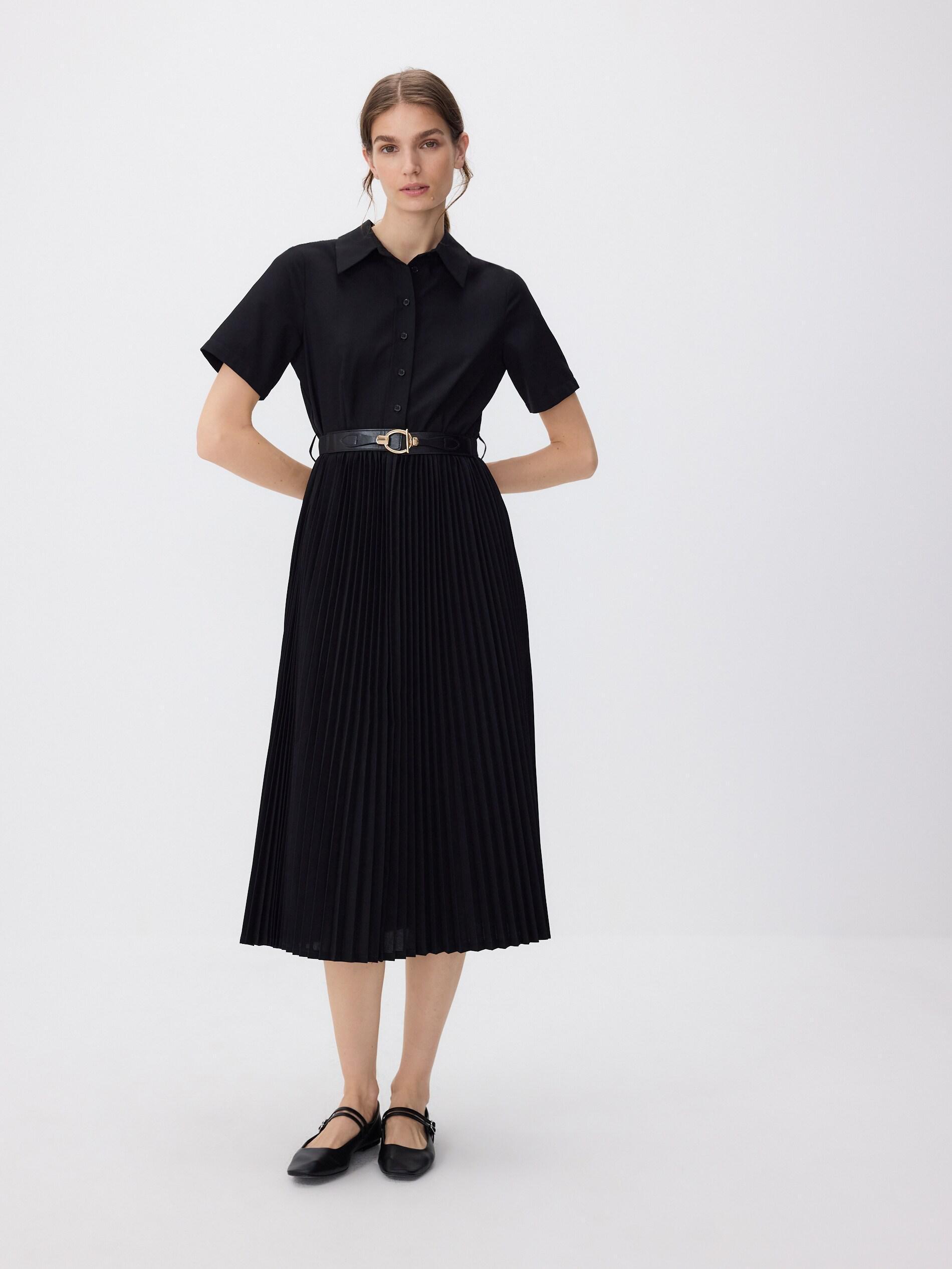 Black Dress With Pleated Skirt, Black, medium