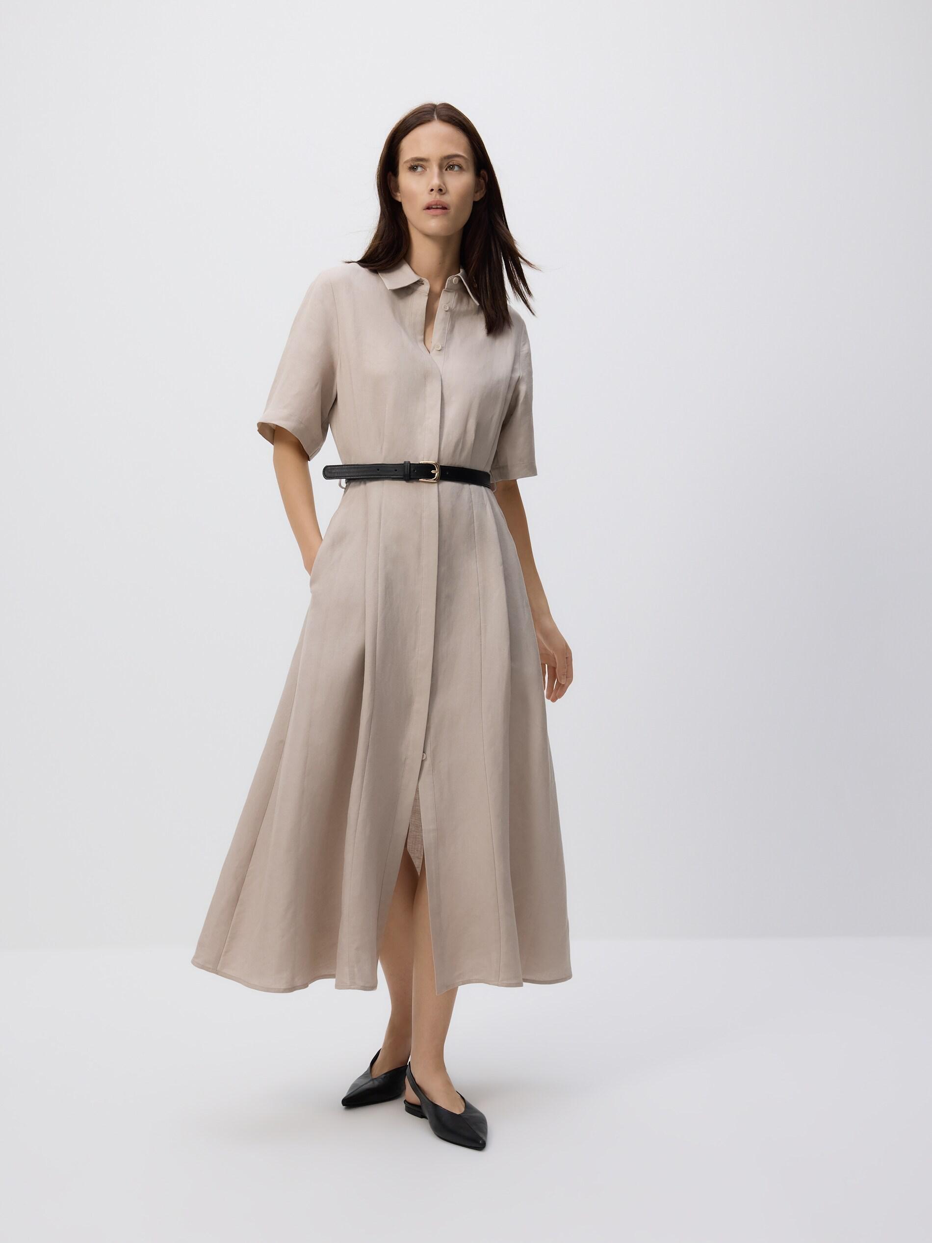Beige Linen Blend Midi Dress, Beige, medium