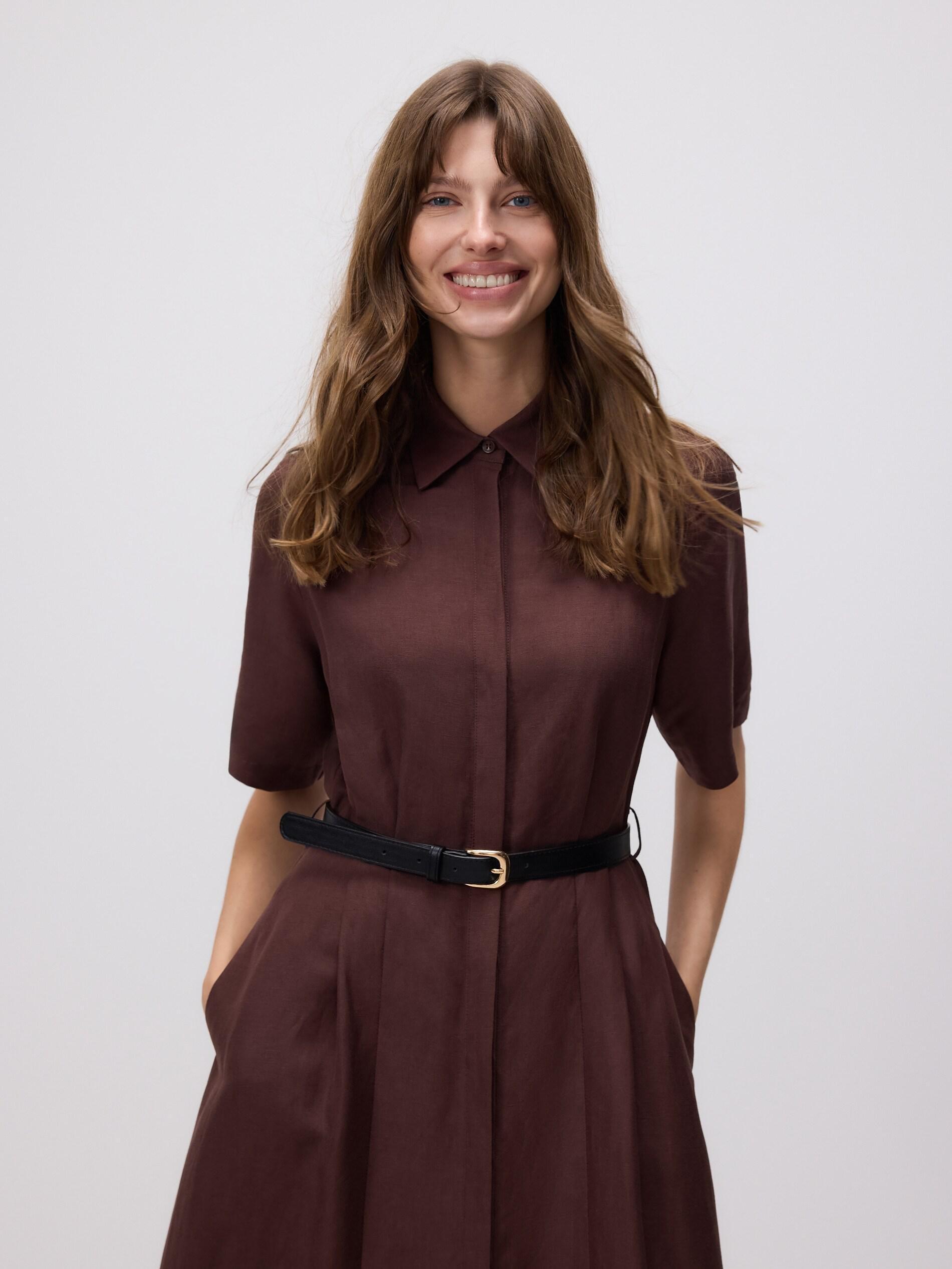 Brown Linen Blend Midi Dress, Brown, medium
