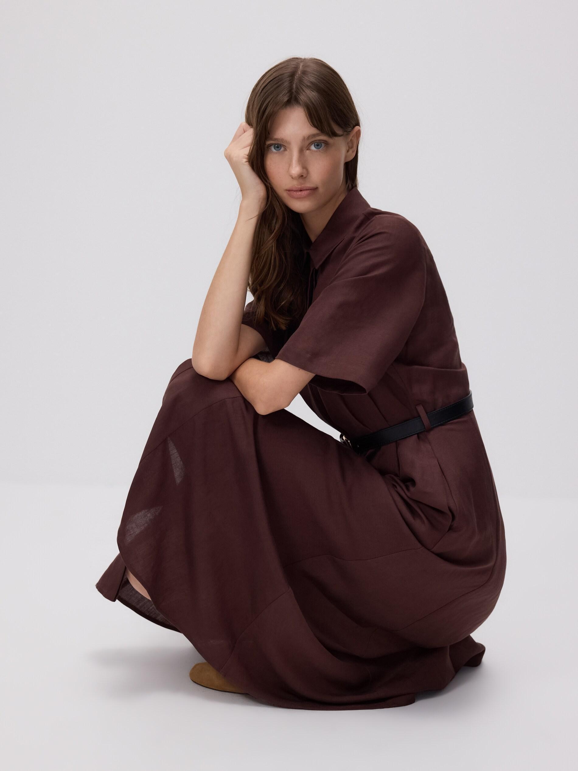 Brown Linen Blend Midi Dress, Brown, medium