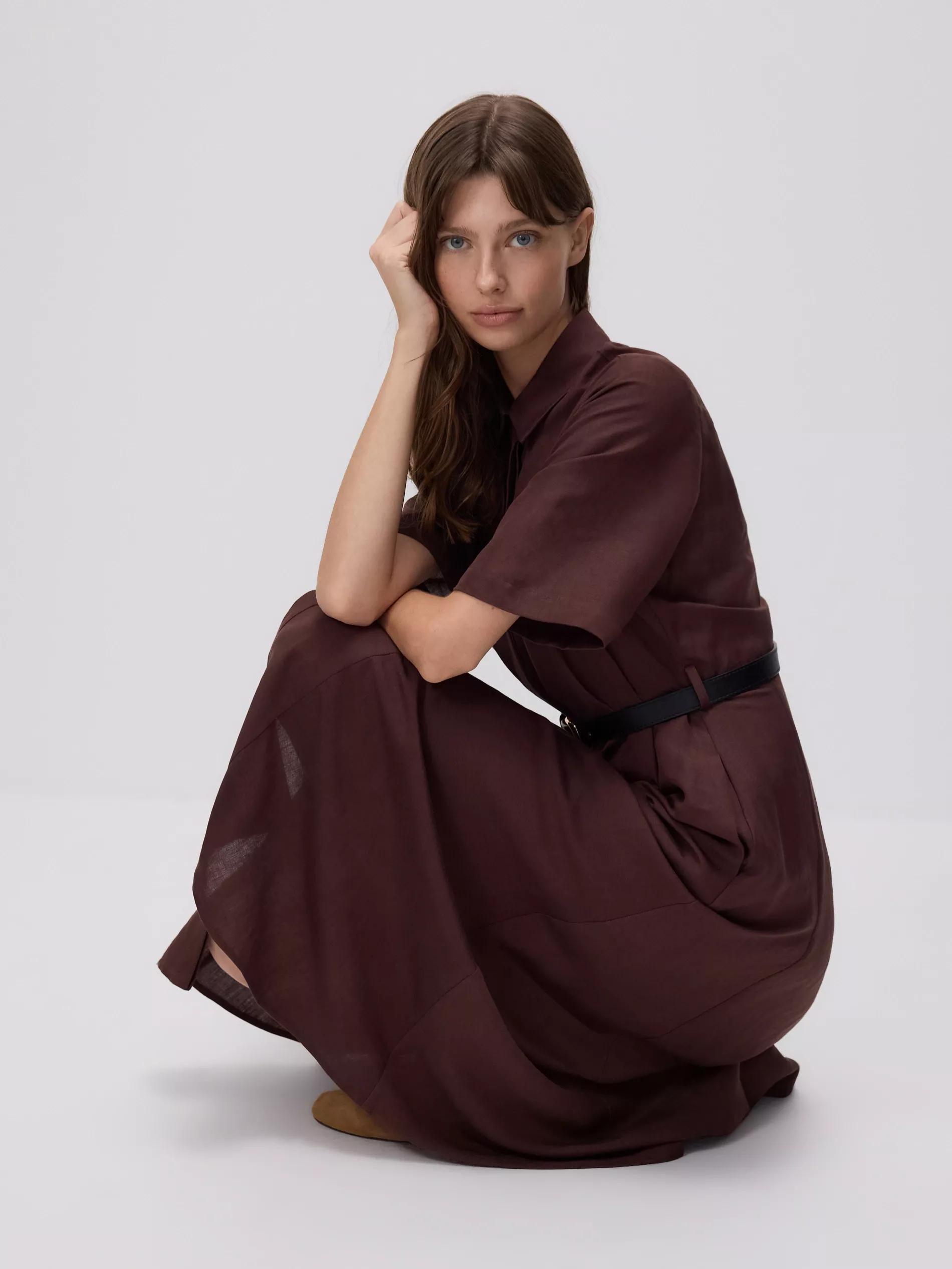 Brown Linen Blend Midi Dress, Brown, large image number 1