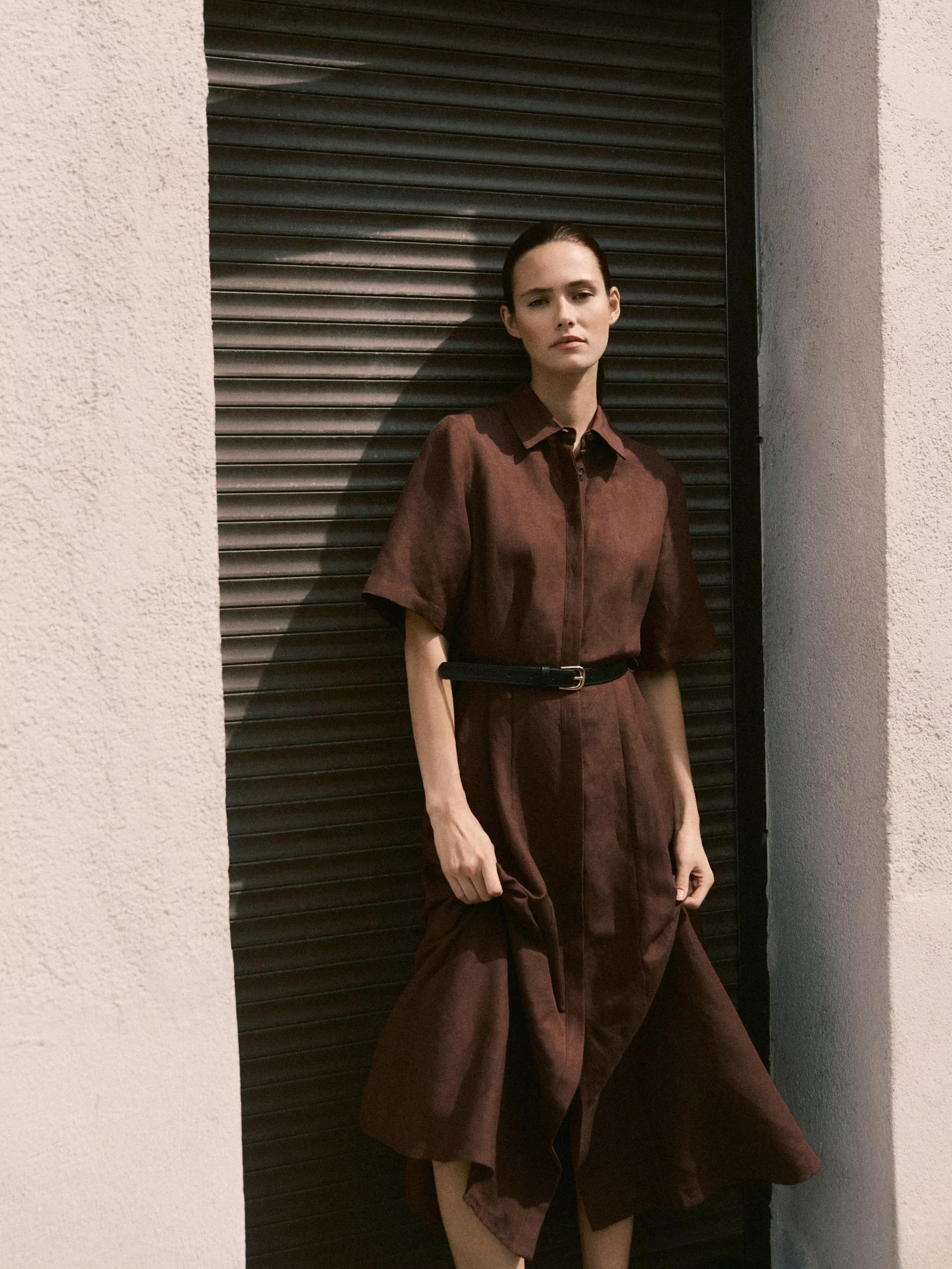 Brown Linen Blend Midi Dress, , large image number 2