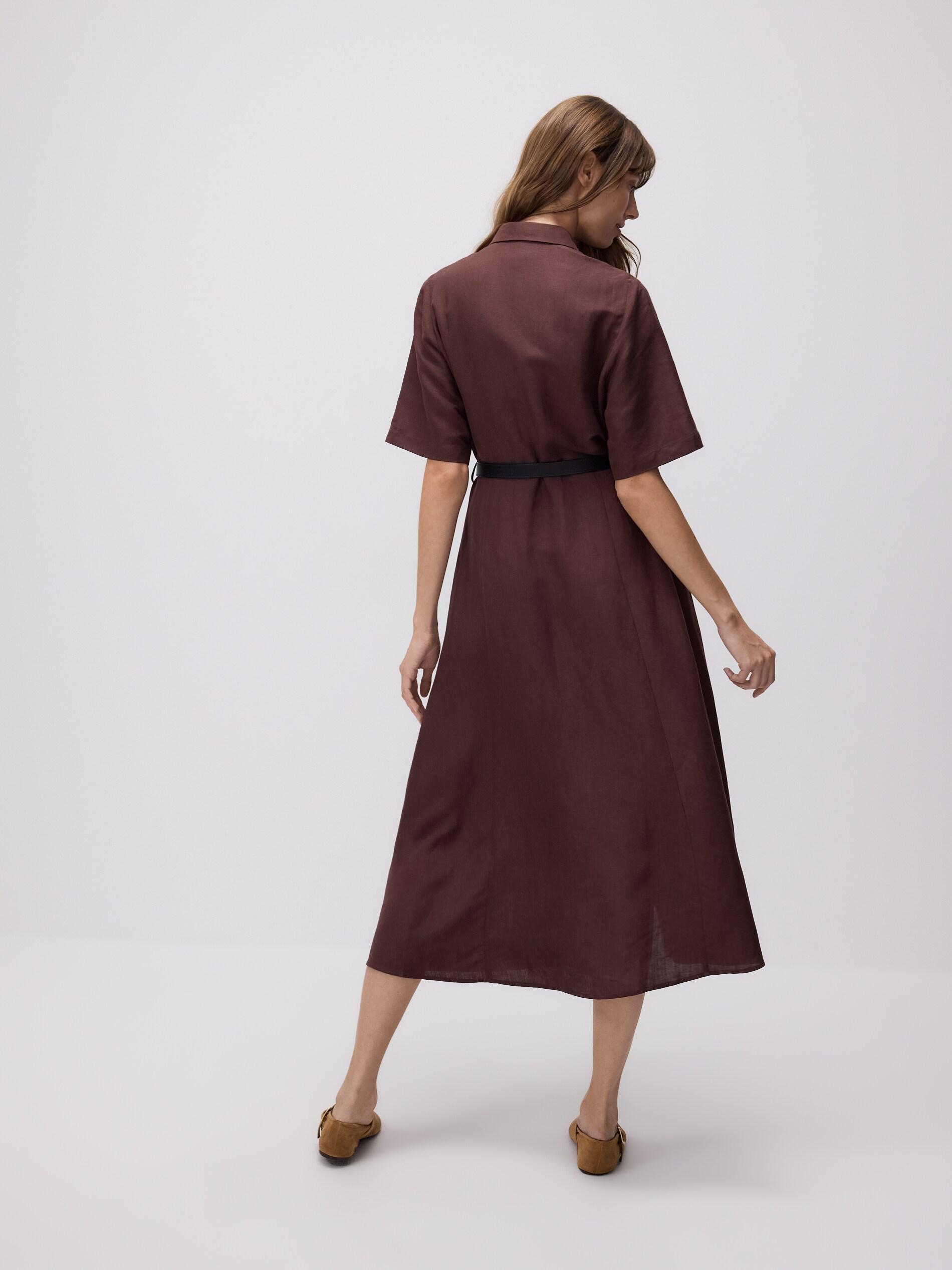 Brown Linen Blend Midi Dress, Brown, medium
