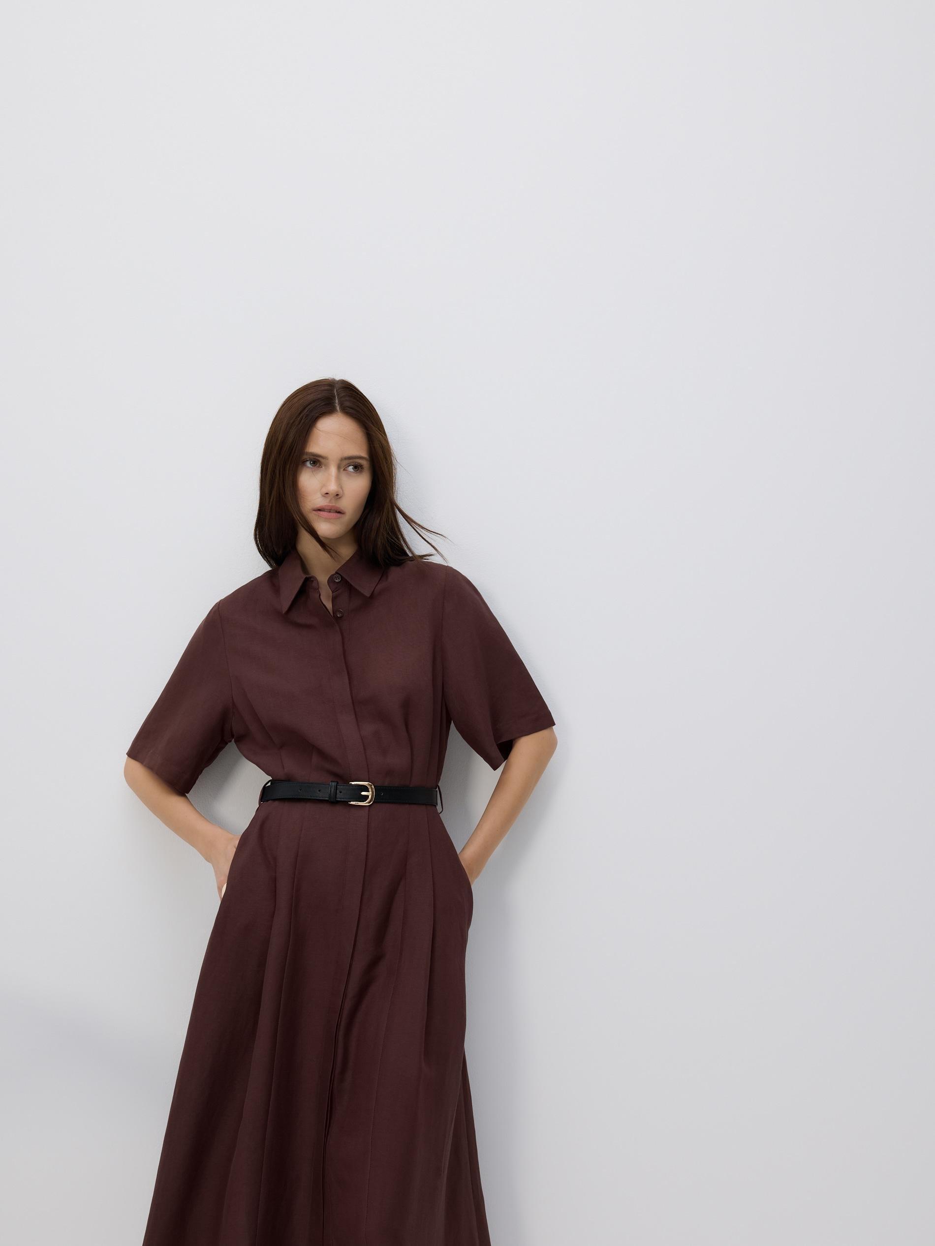 Brown Linen Blend Midi Dress, , large image number 3