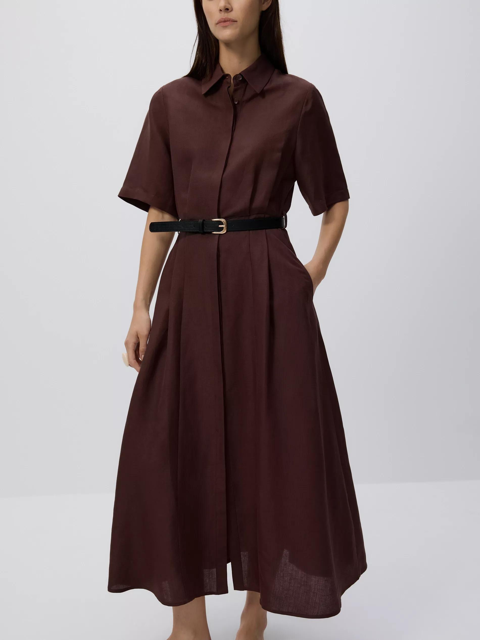 Brown Linen Blend Midi Dress, , large image number 4