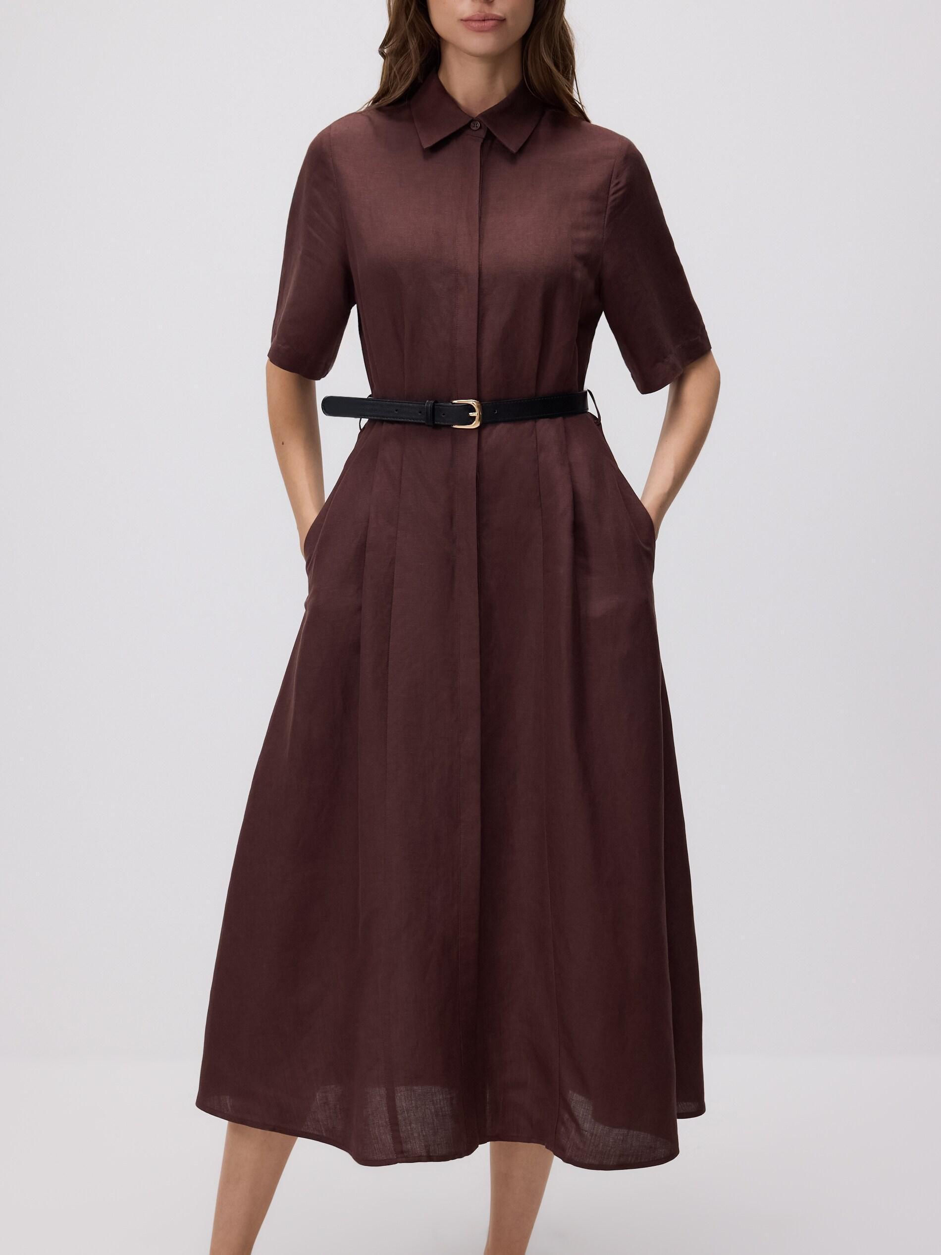 Brown Linen Blend Midi Dress, Brown, large image number 5