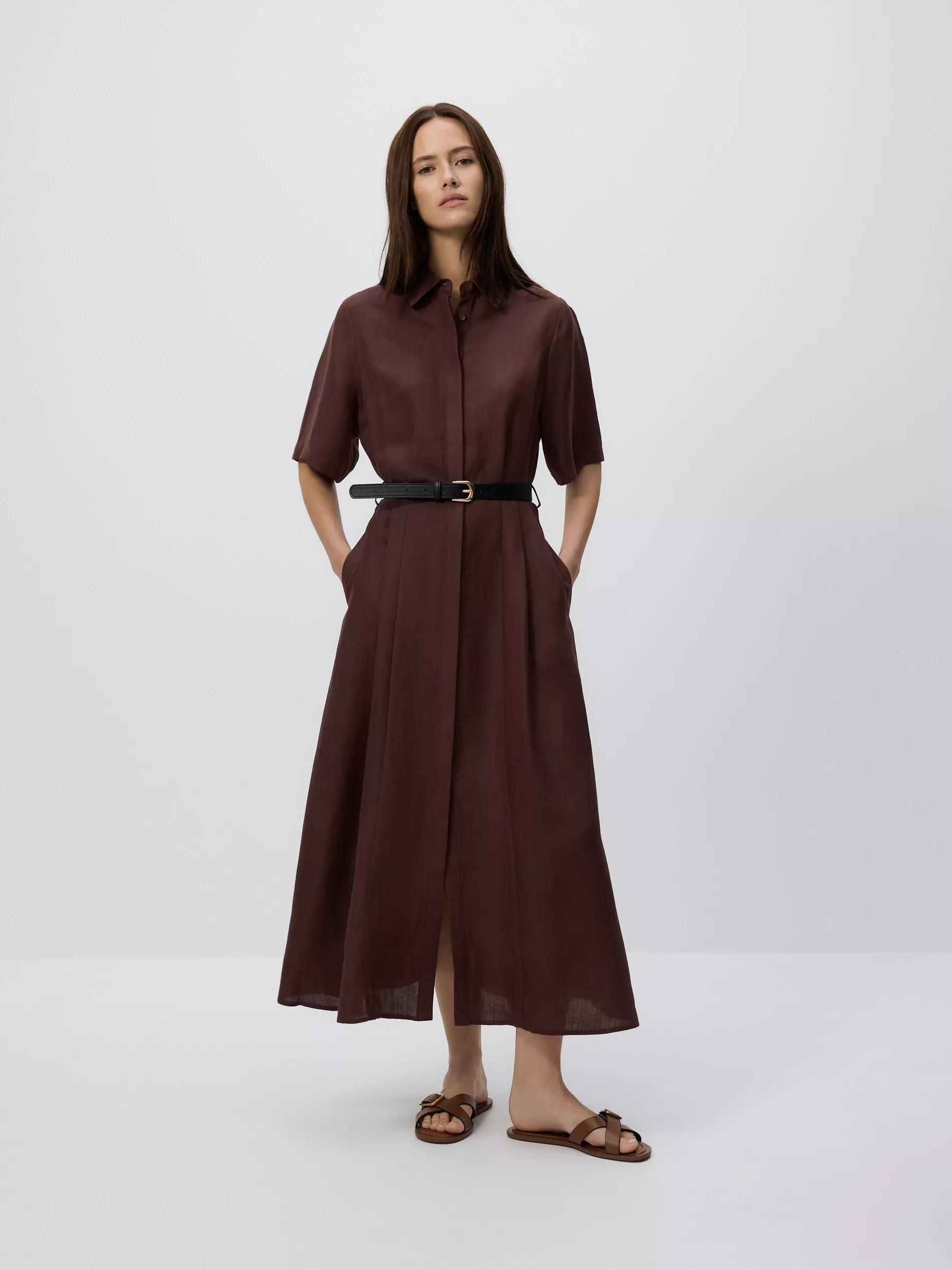 Brown Linen Blend Midi Dress, , large image number 5