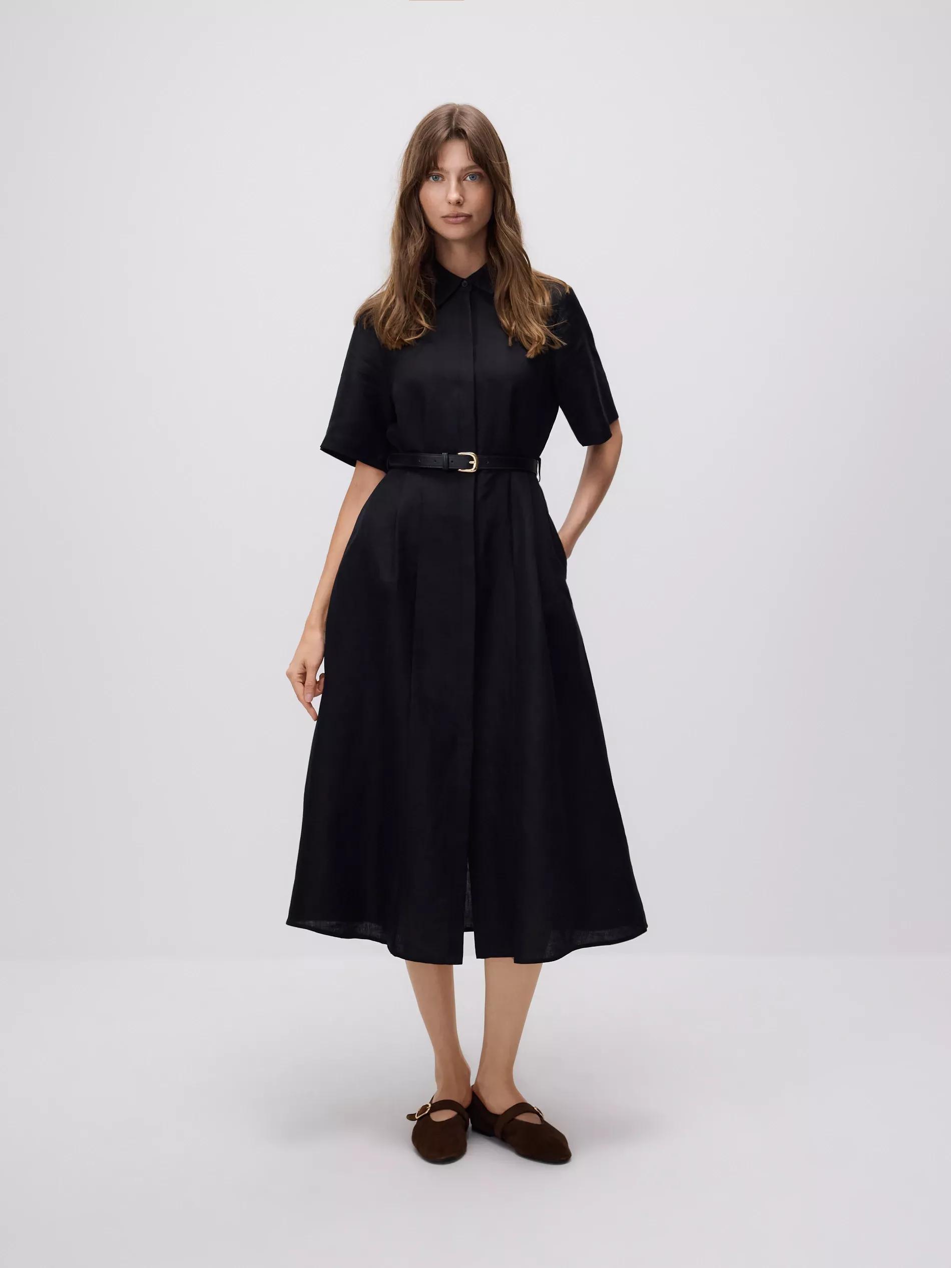 Black Linen Blend Midi Dress, , large image number 0