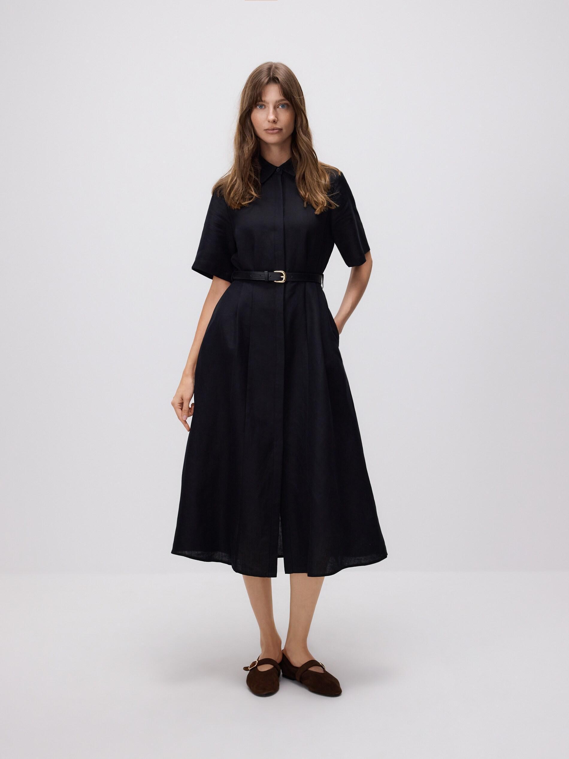 Black Linen Blend Midi Dress, Black, medium