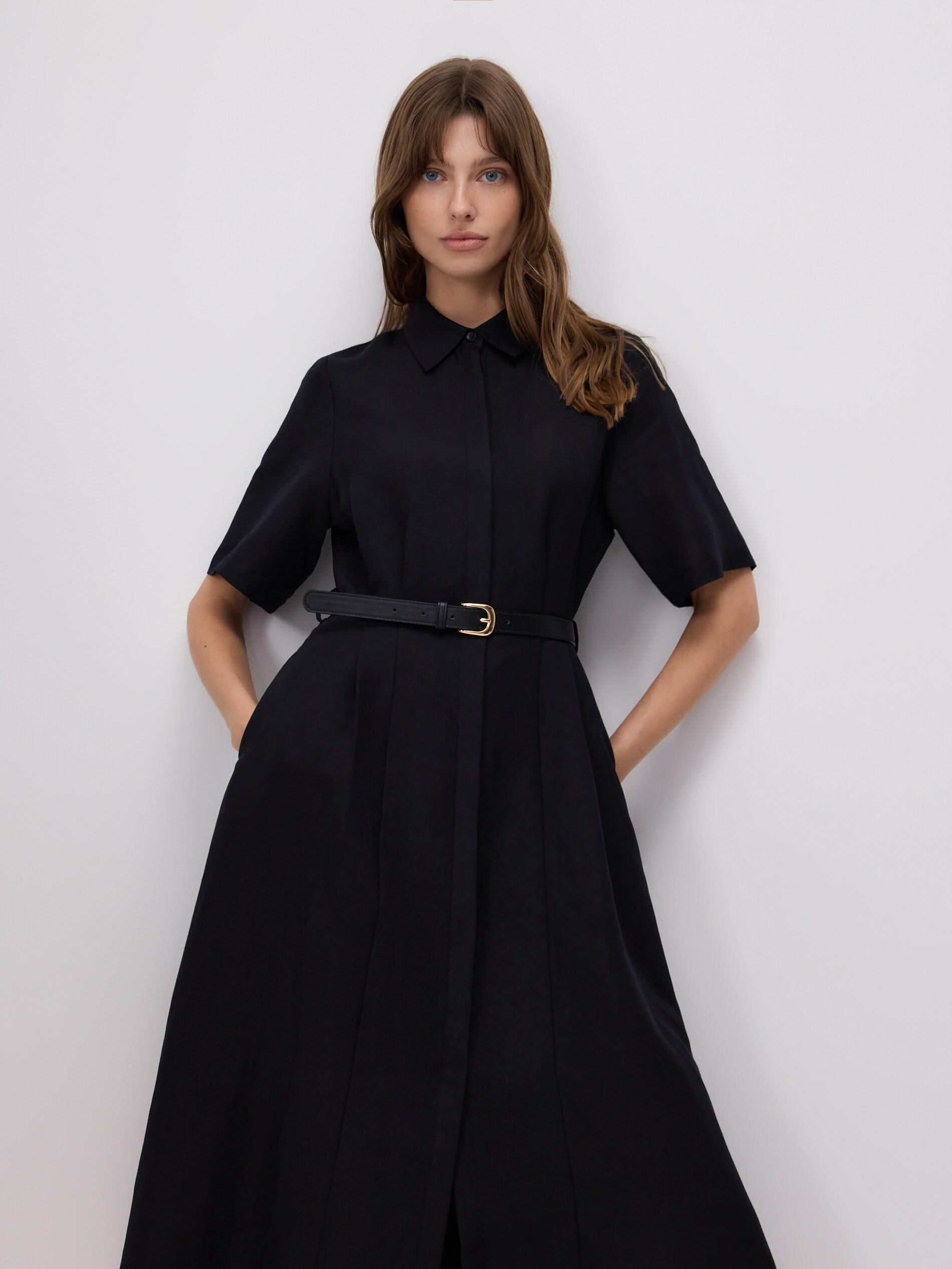 Black Linen Blend Midi Dress, Black, medium