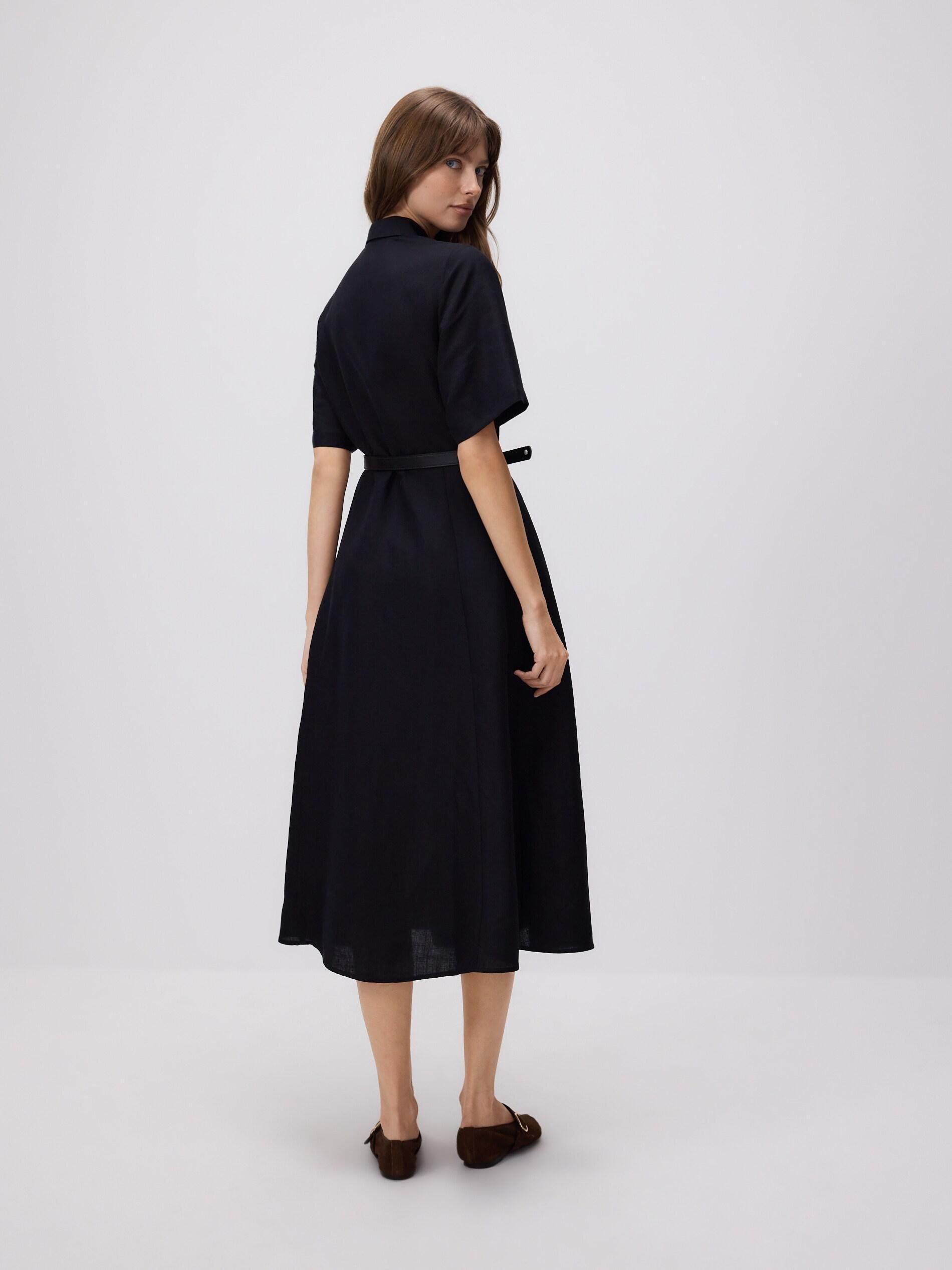 Black Linen Blend Midi Dress, Black, large image number 5