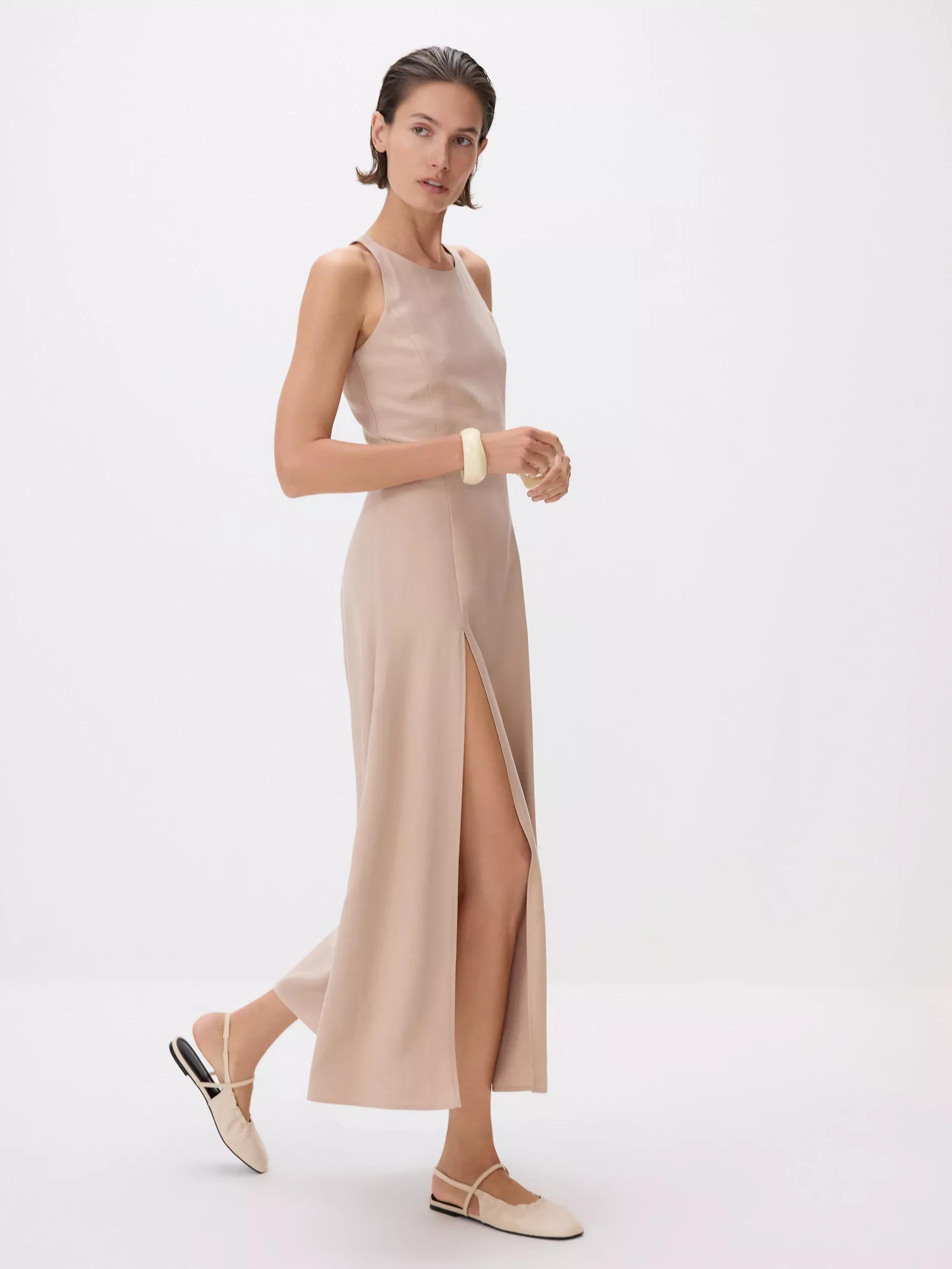 Beige Viscose Rich Midi Dress, , large image number 0