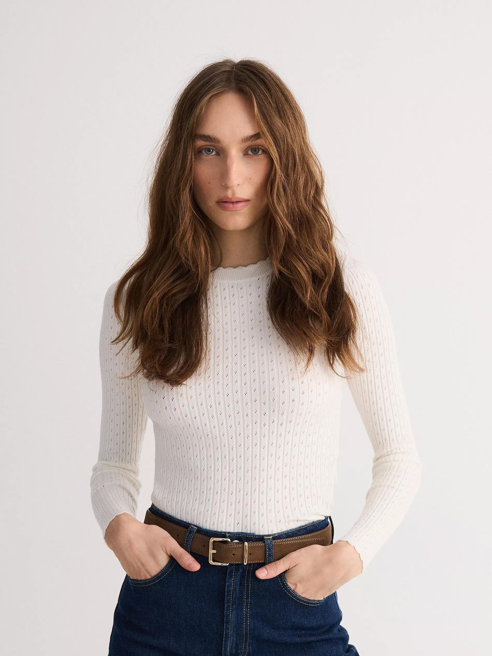 Cream Ribbed Blouse, , large image number 0