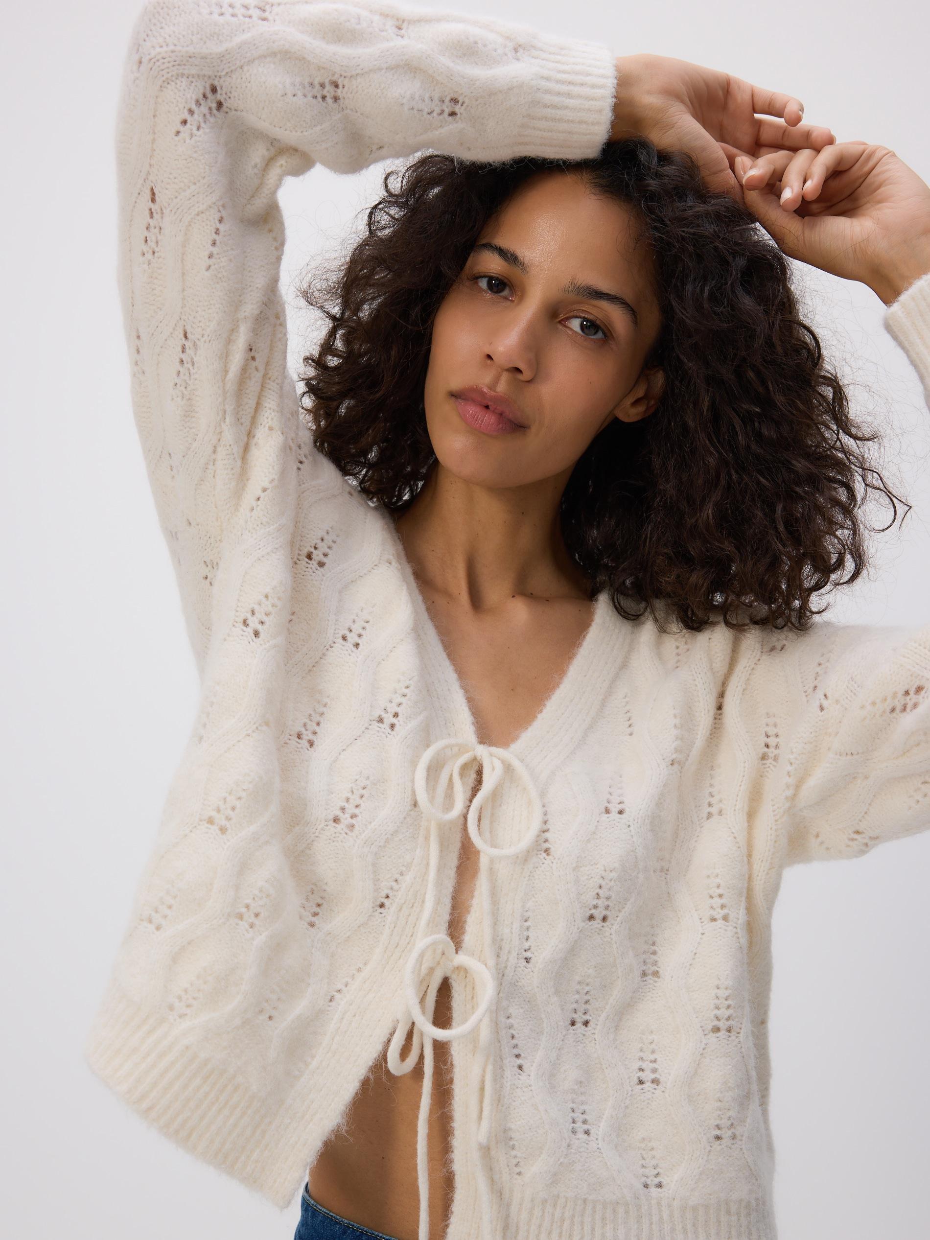 Beige Cardigan With Tie Detail, , large image number 3