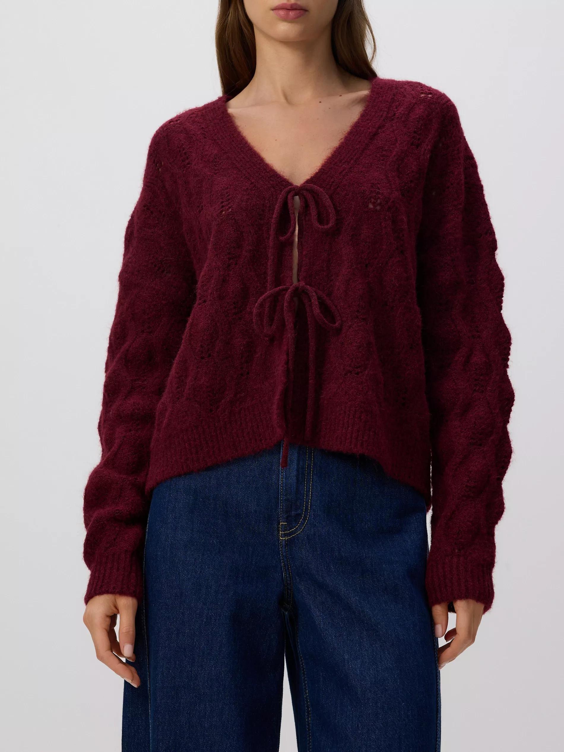 MAROON Cardigan with tie detail, Burgundy, medium