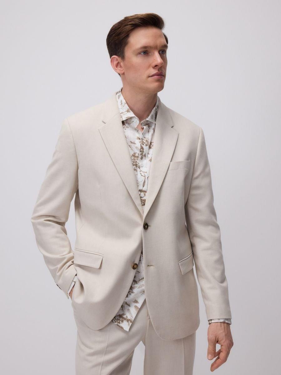 Beige Slim Fit Blazer With Linen Content, , large image number 0