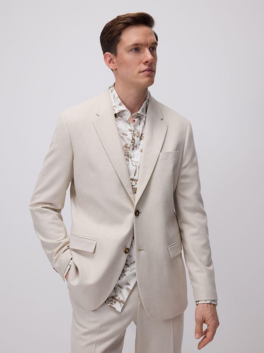 Beige Slim Fit Blazer With Linen Content, , large image number 1