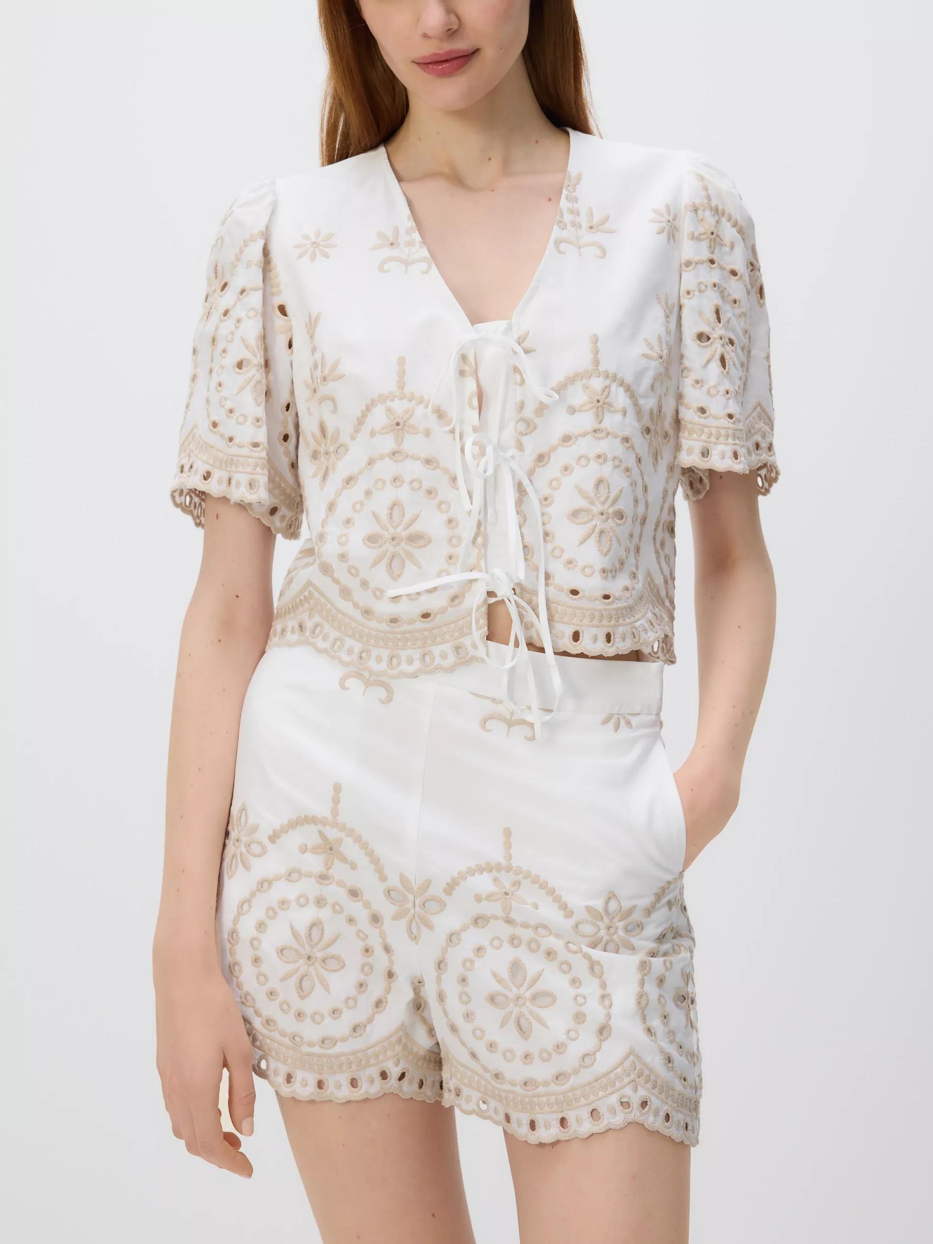 White Tied Blouse With Embroidered Pattern, White, medium