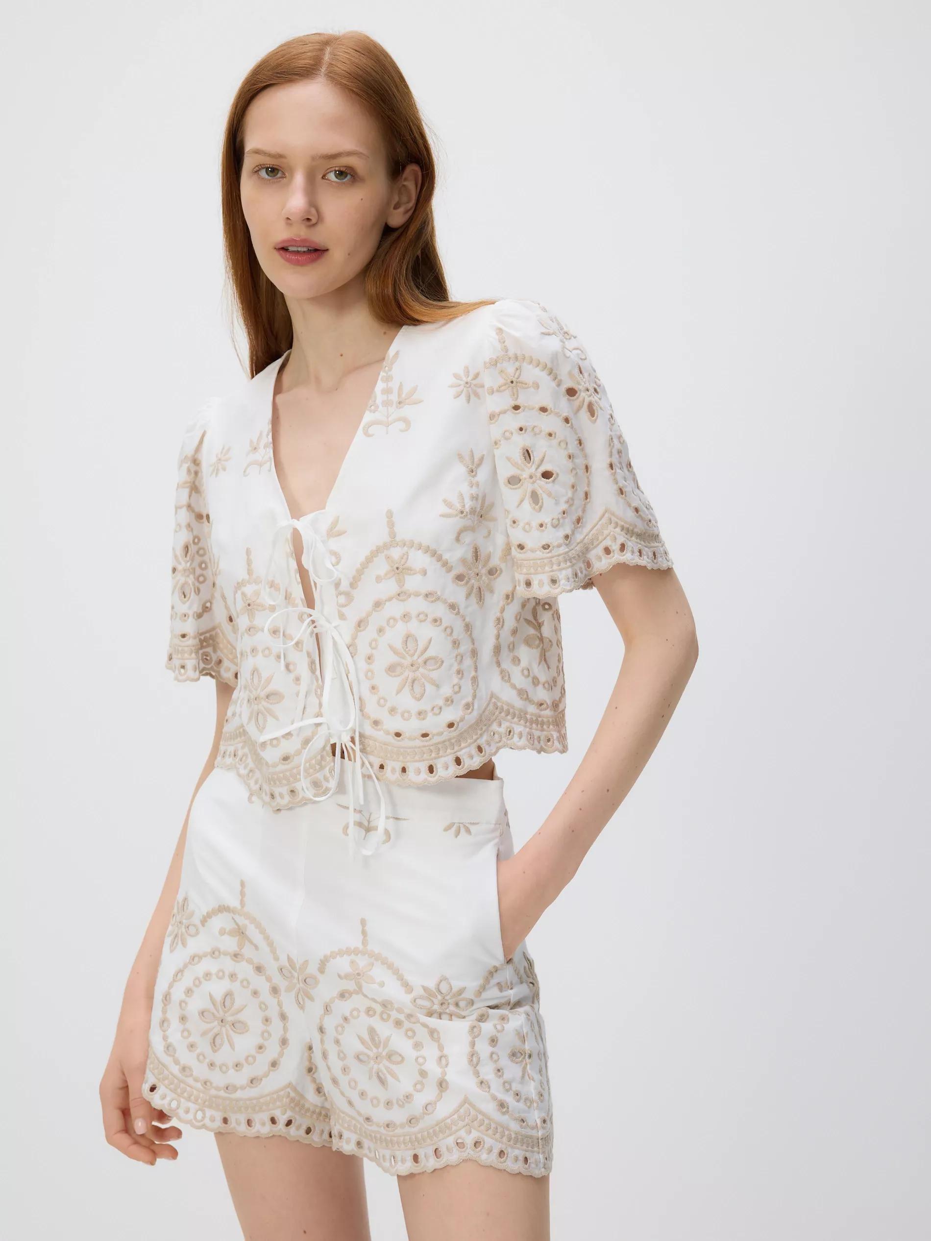 White Tied Blouse With Embroidered Pattern, White, large image number 3