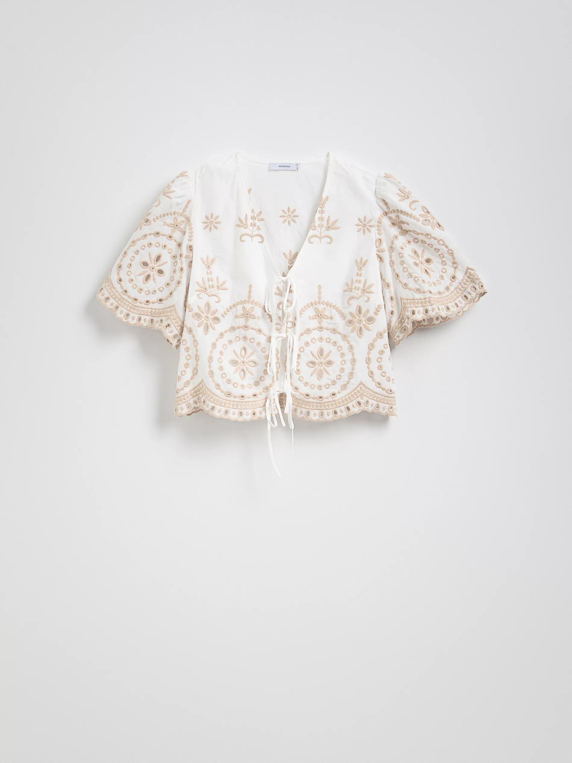 White Tied Blouse With Embroidered Pattern, White, large image number 4