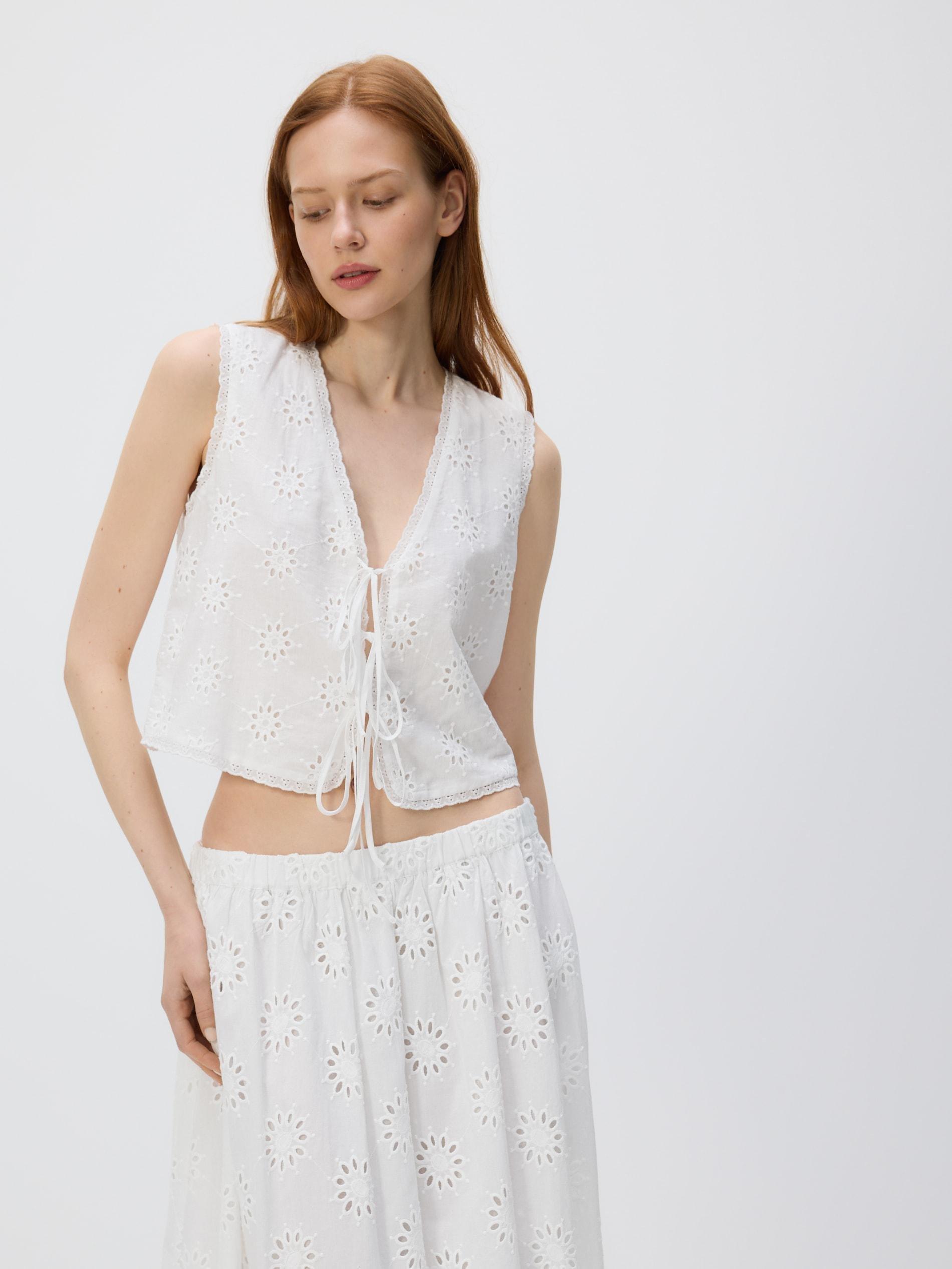 White Cotton Top With Tie Details, White, large image number 0