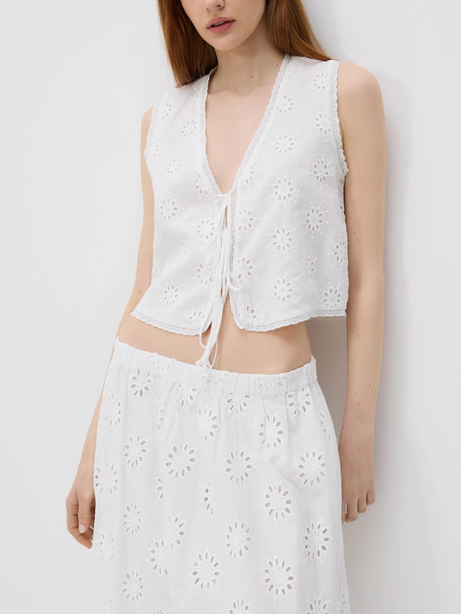 White Cotton Top With Tie Details, White, large image number 2