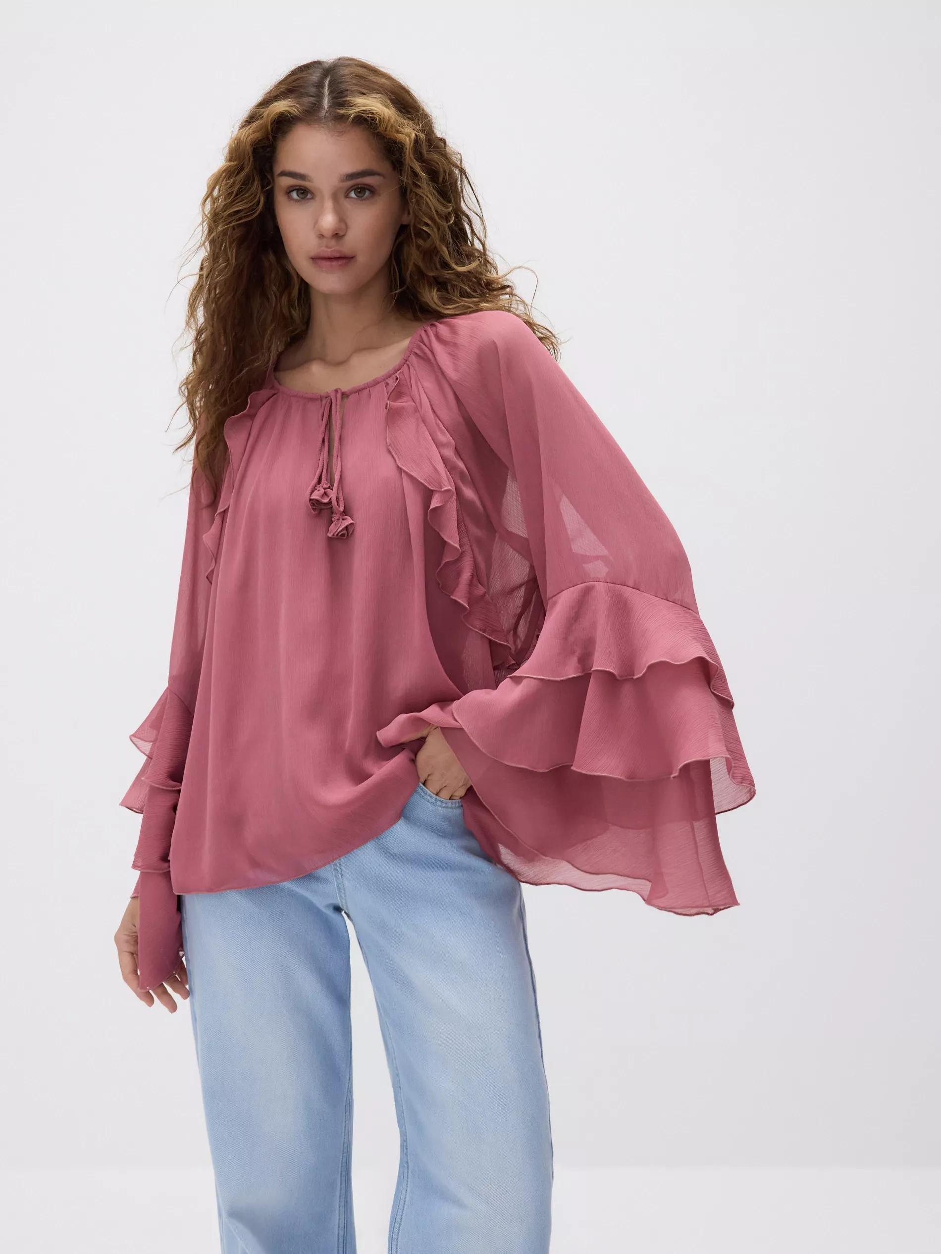 Pink Ruffle Blouse, Pink, medium