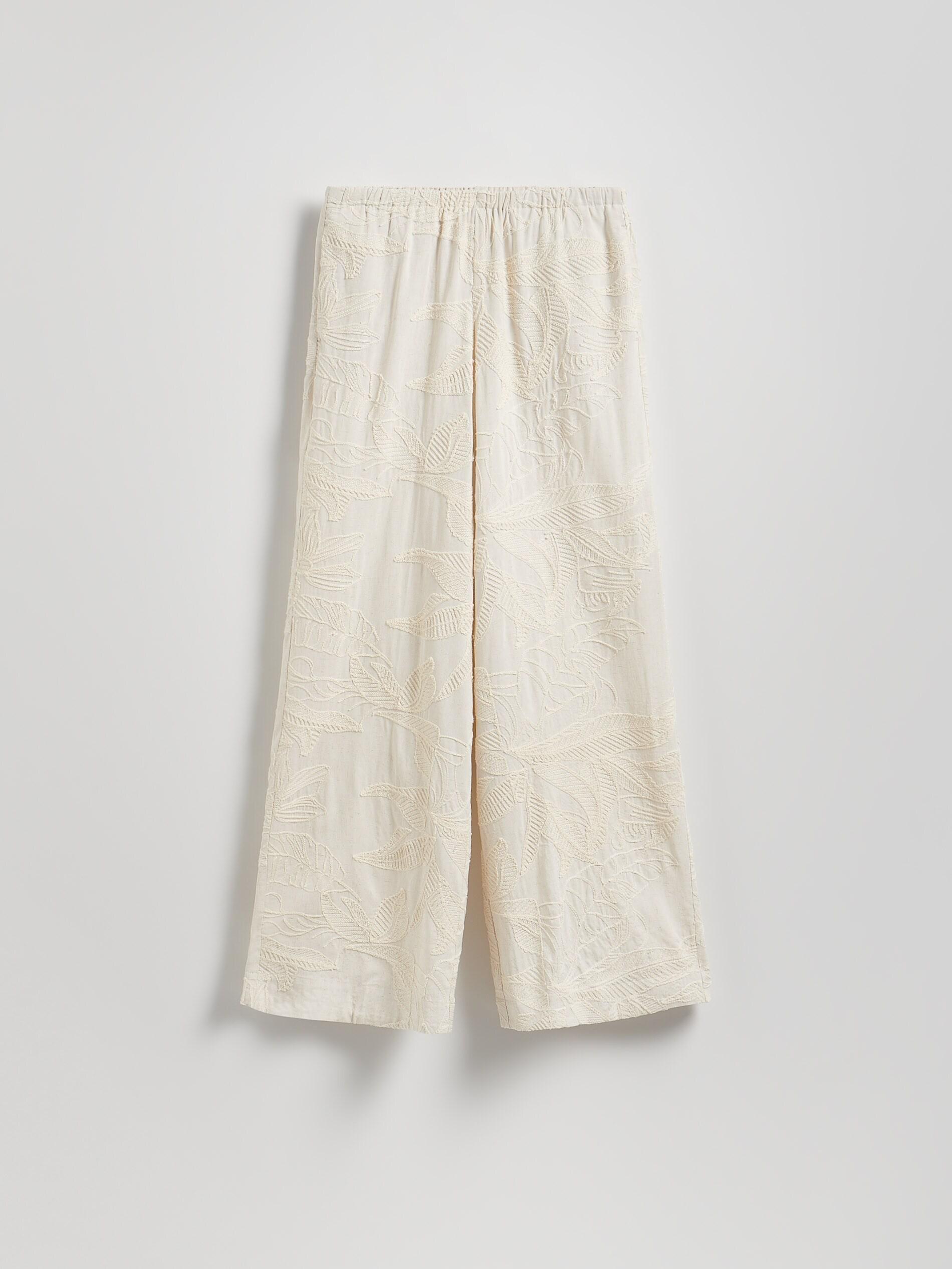 White Linen Rich Wide Leg Trousers, Beige, large image number 0