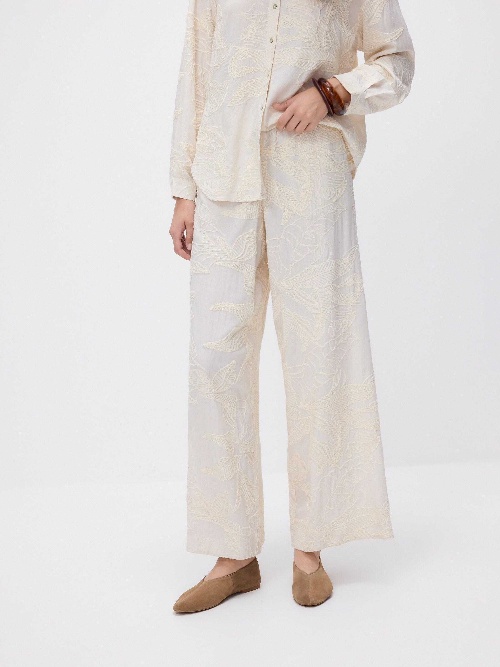 White Linen Rich Wide Leg Trousers, Beige, large image number 1