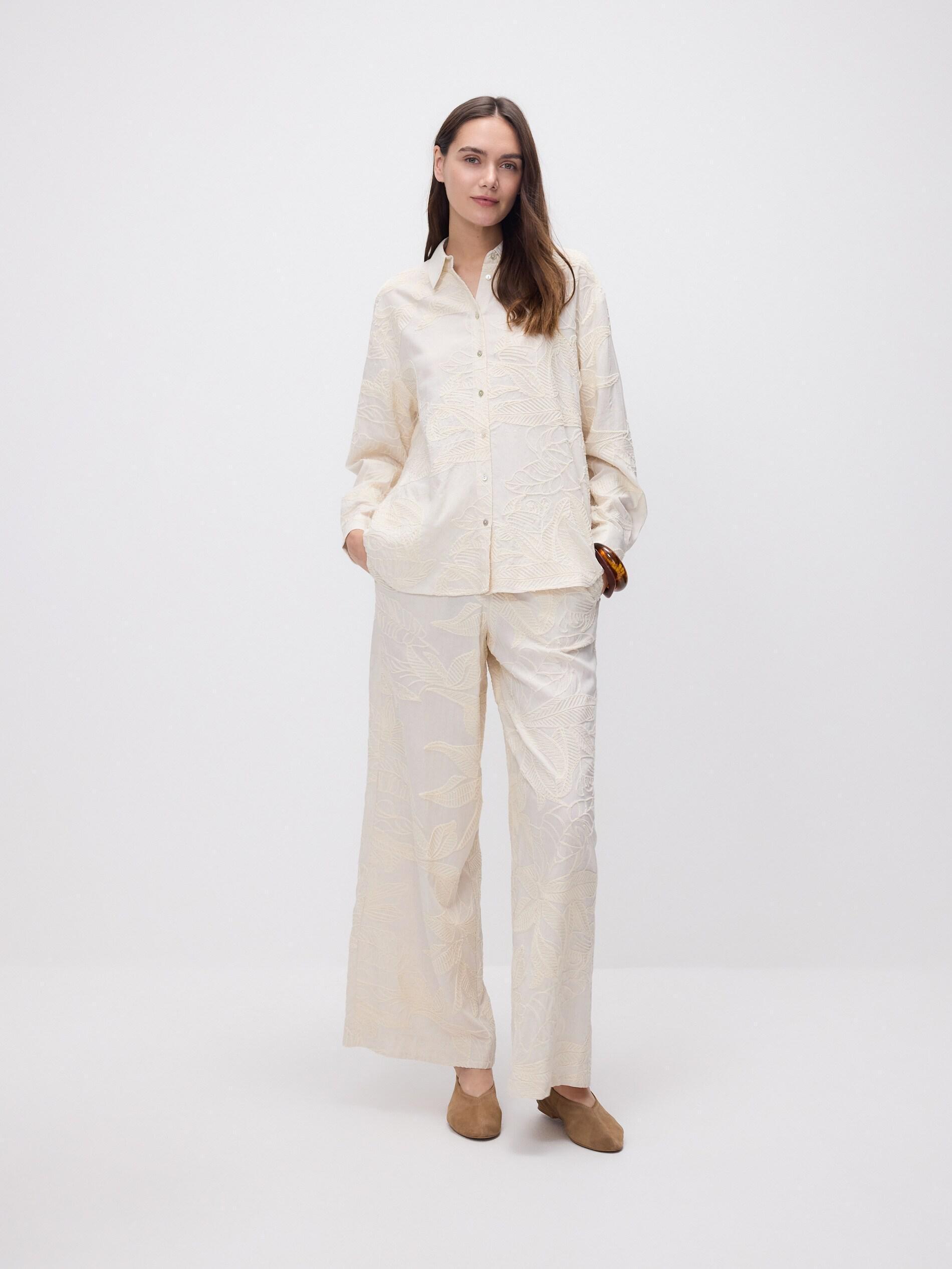 White Linen Rich Wide Leg Trousers, Beige, large image number 2
