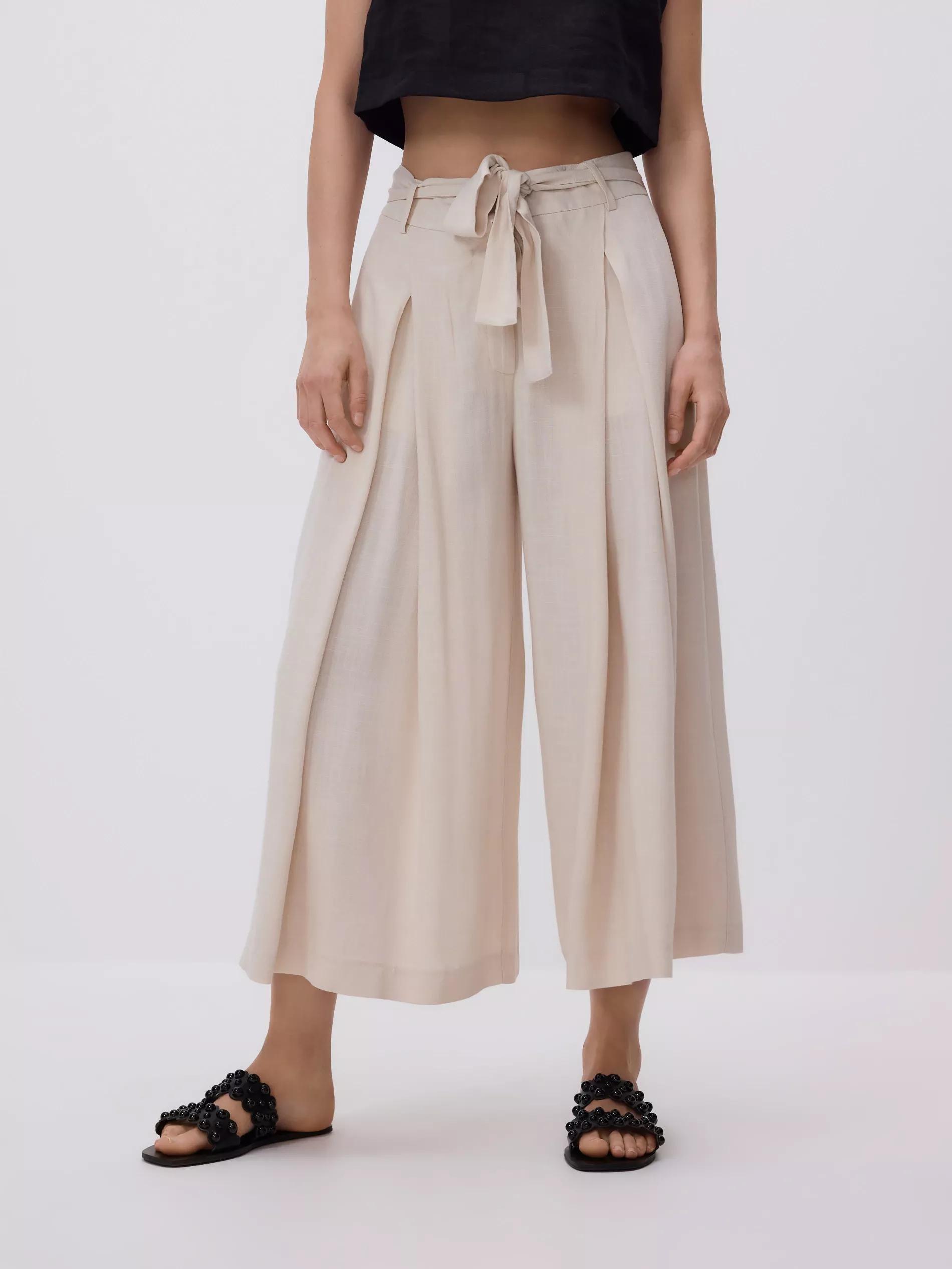 Beige Loose Tie-Waist Trousers, Beige, medium