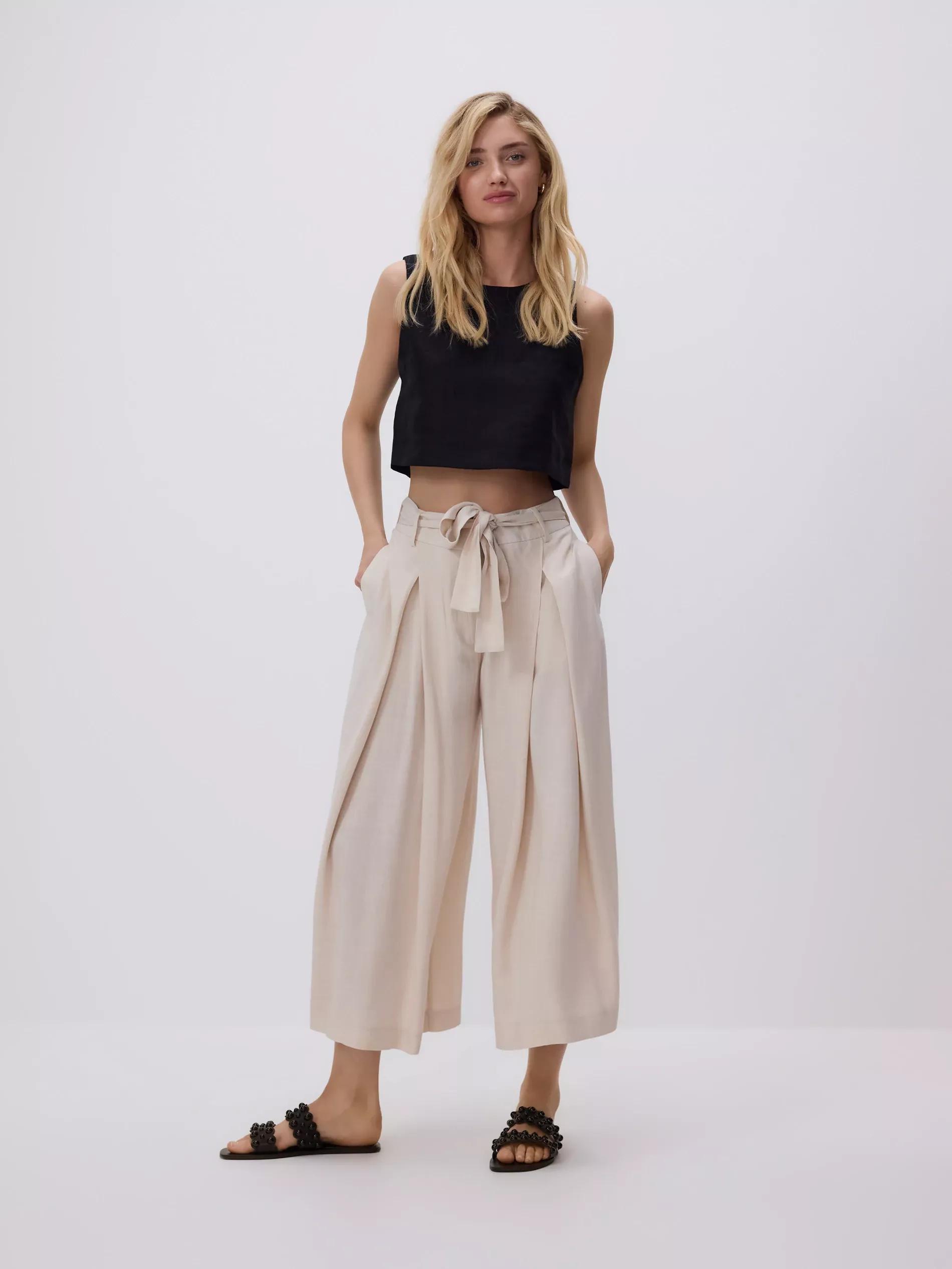 Beige Loose Tie-Waist Trousers, Beige, medium