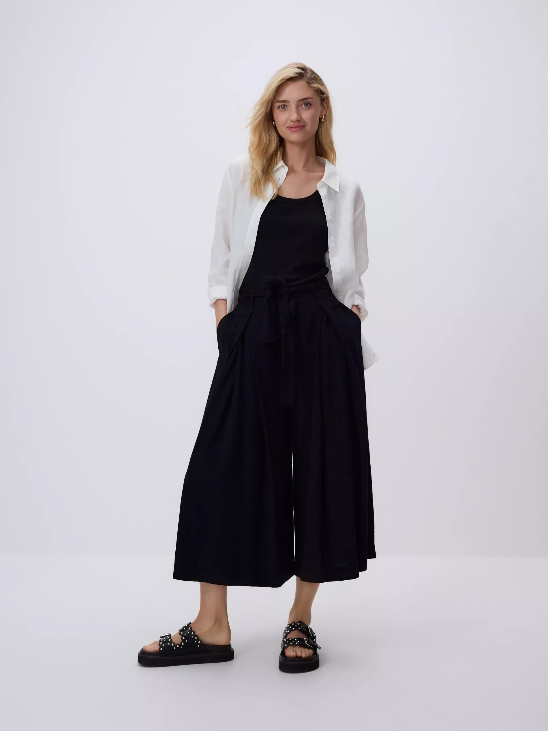 Black Loose Tie-Waist Trousers, Black, medium