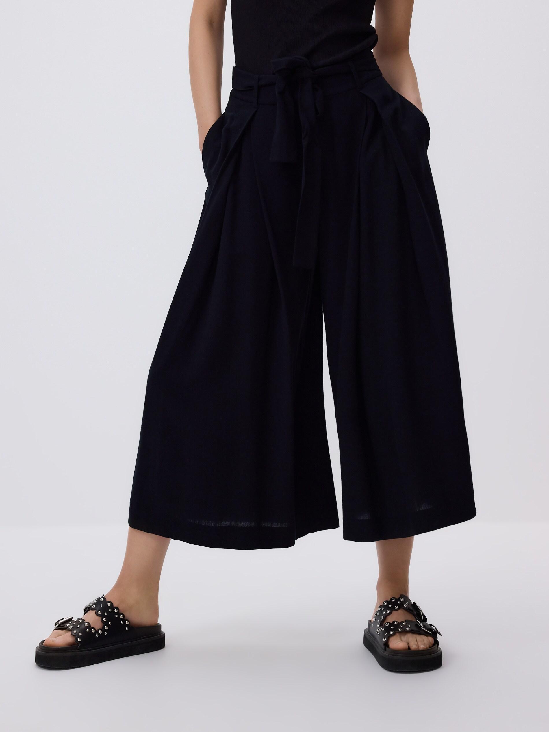 Black Loose Tie-Waist Trousers, Black, large image number 1