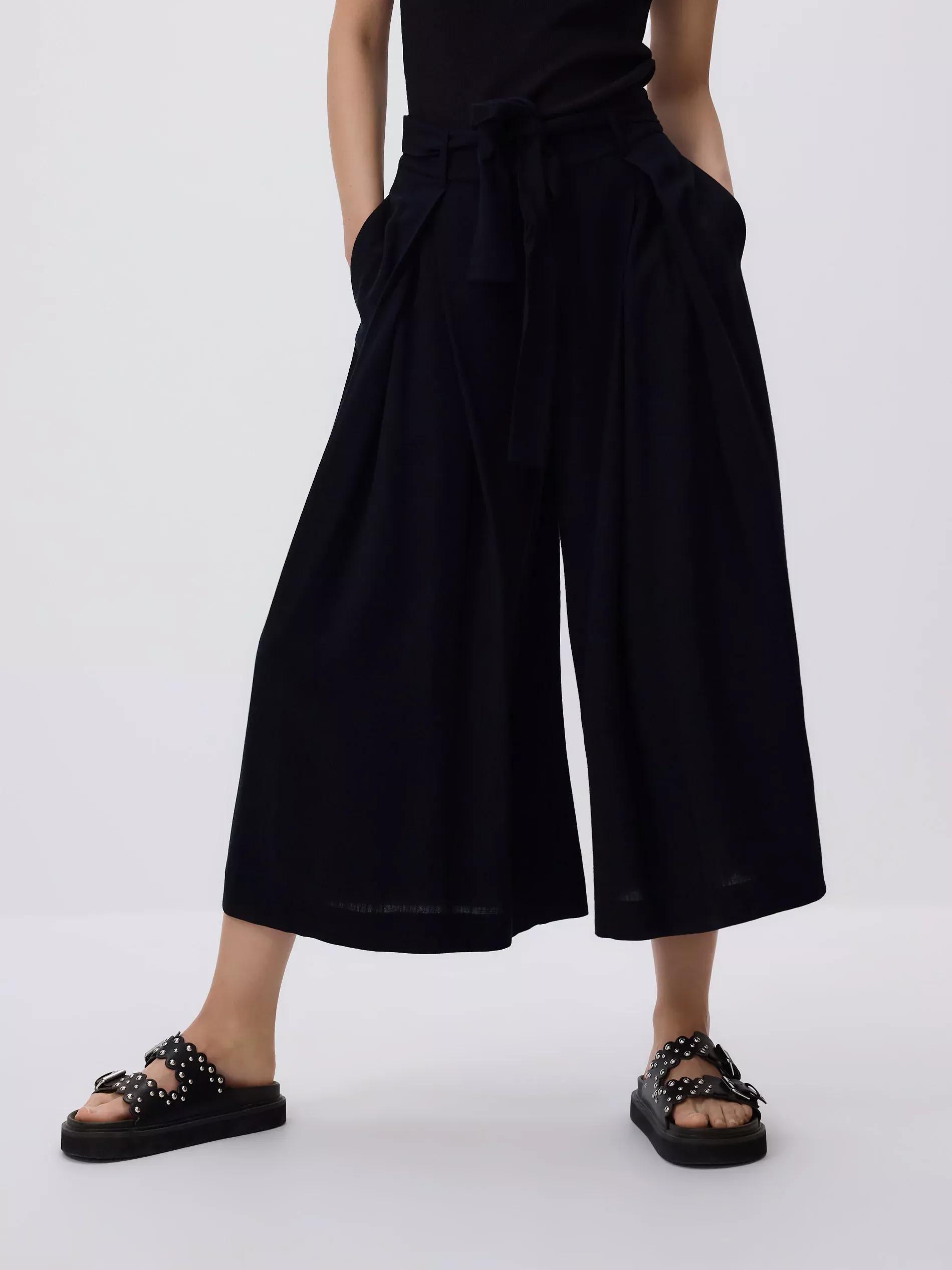Black Loose Tie-Waist Trousers, Black, medium