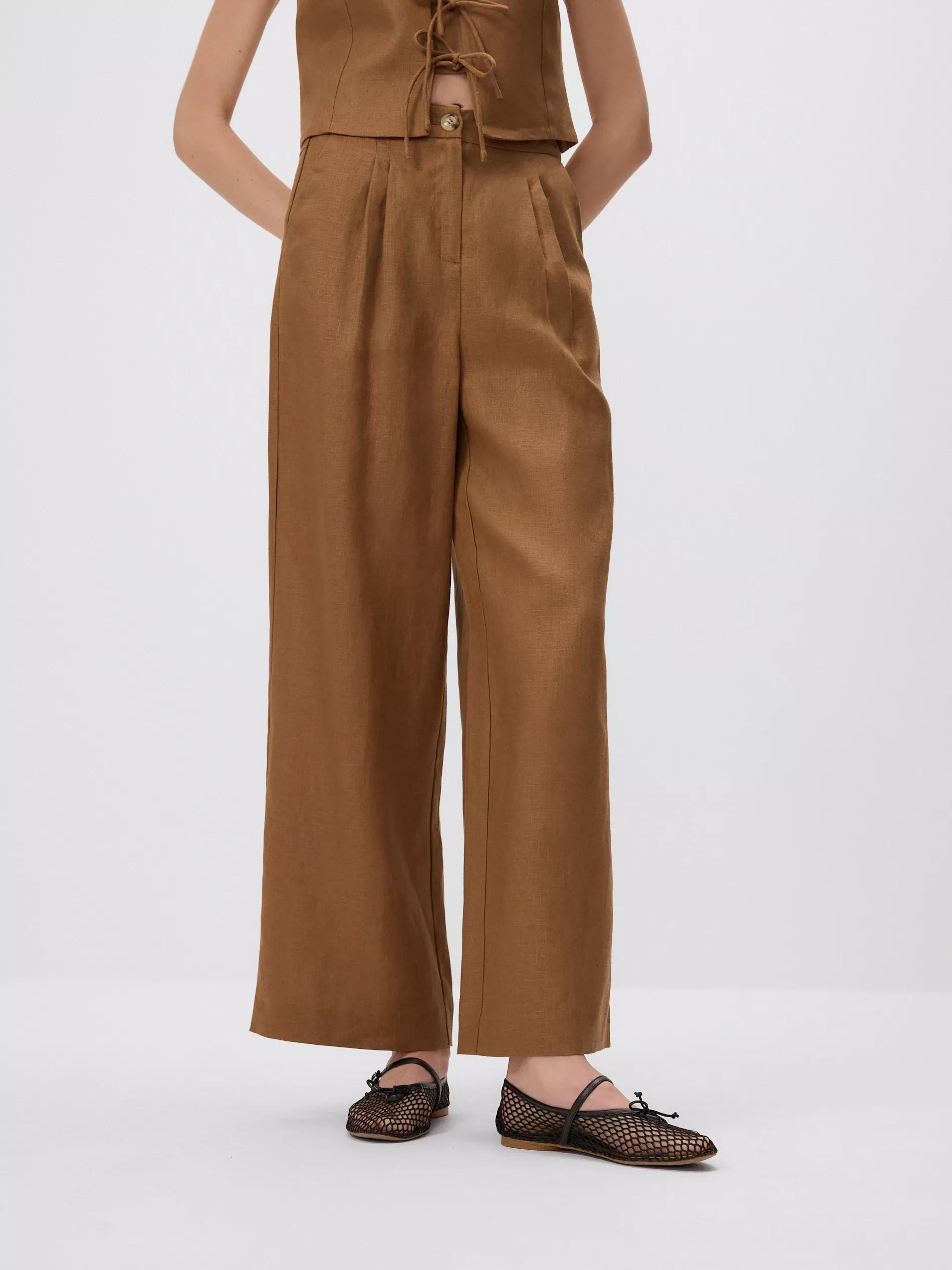 Brown Linen Trousers With Pleats, , large image number 0