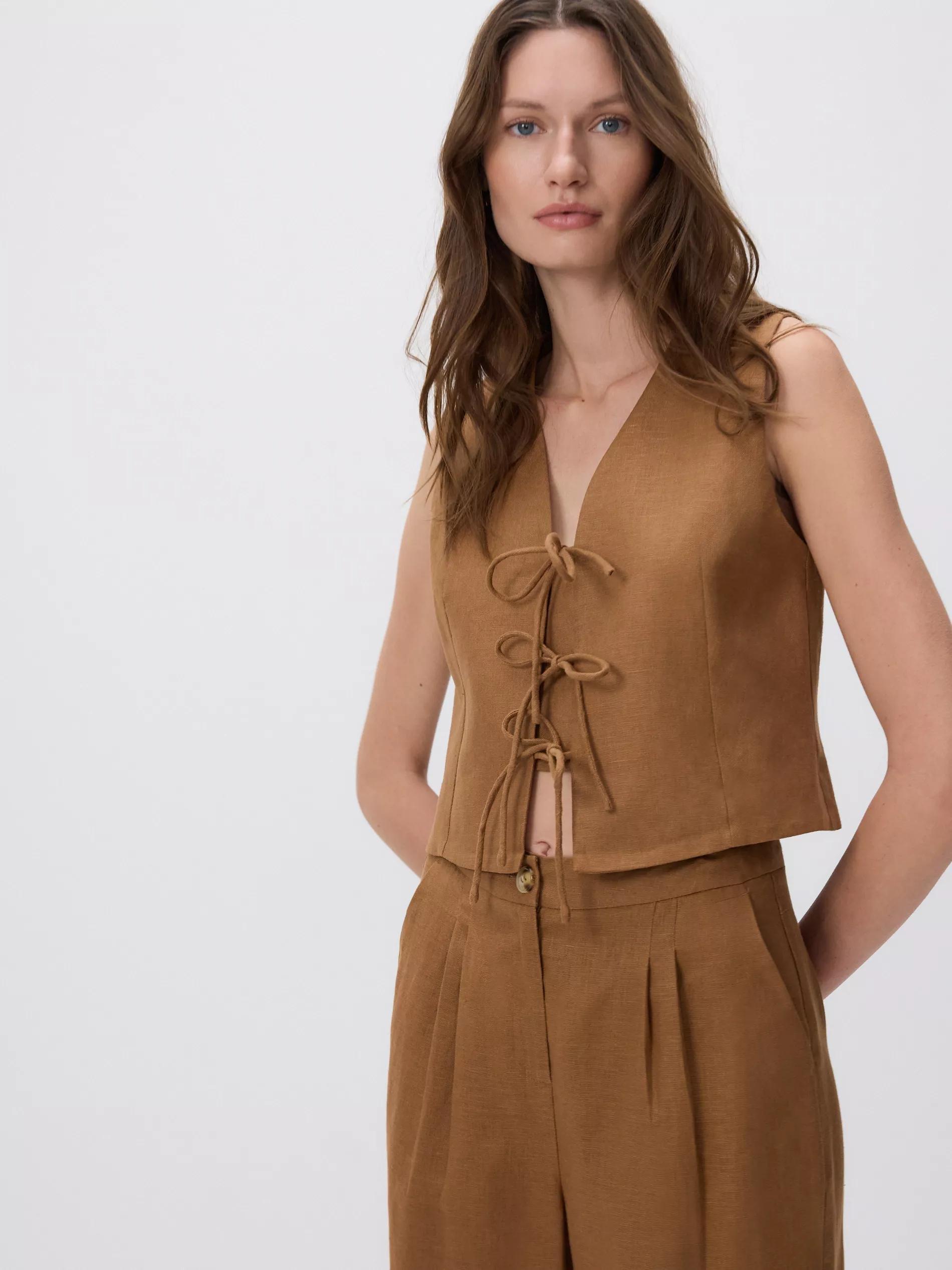 Brown Linen Trousers With Pleats, , large image number 1