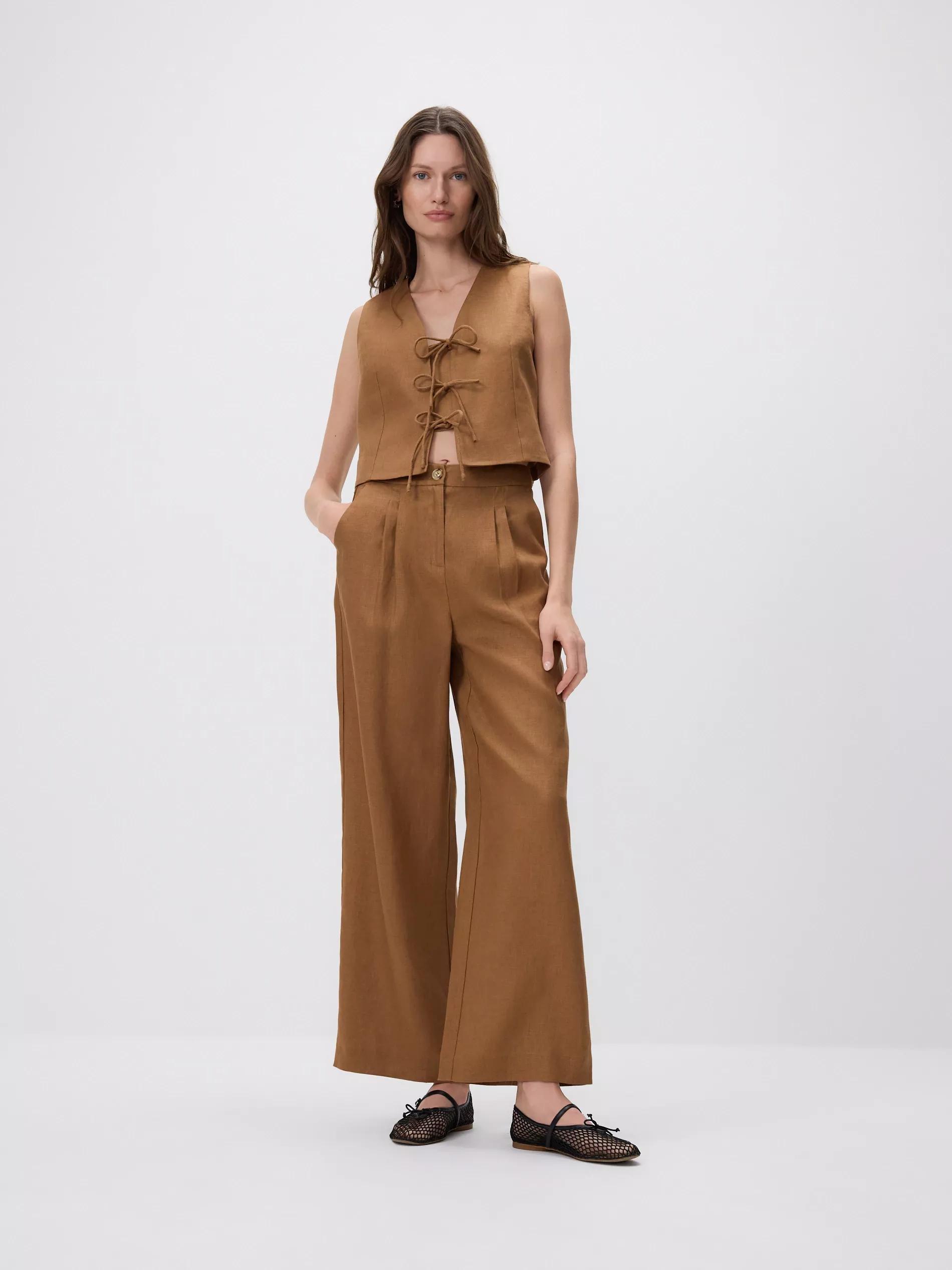 Brown Linen Trousers With Pleats, , large image number 2