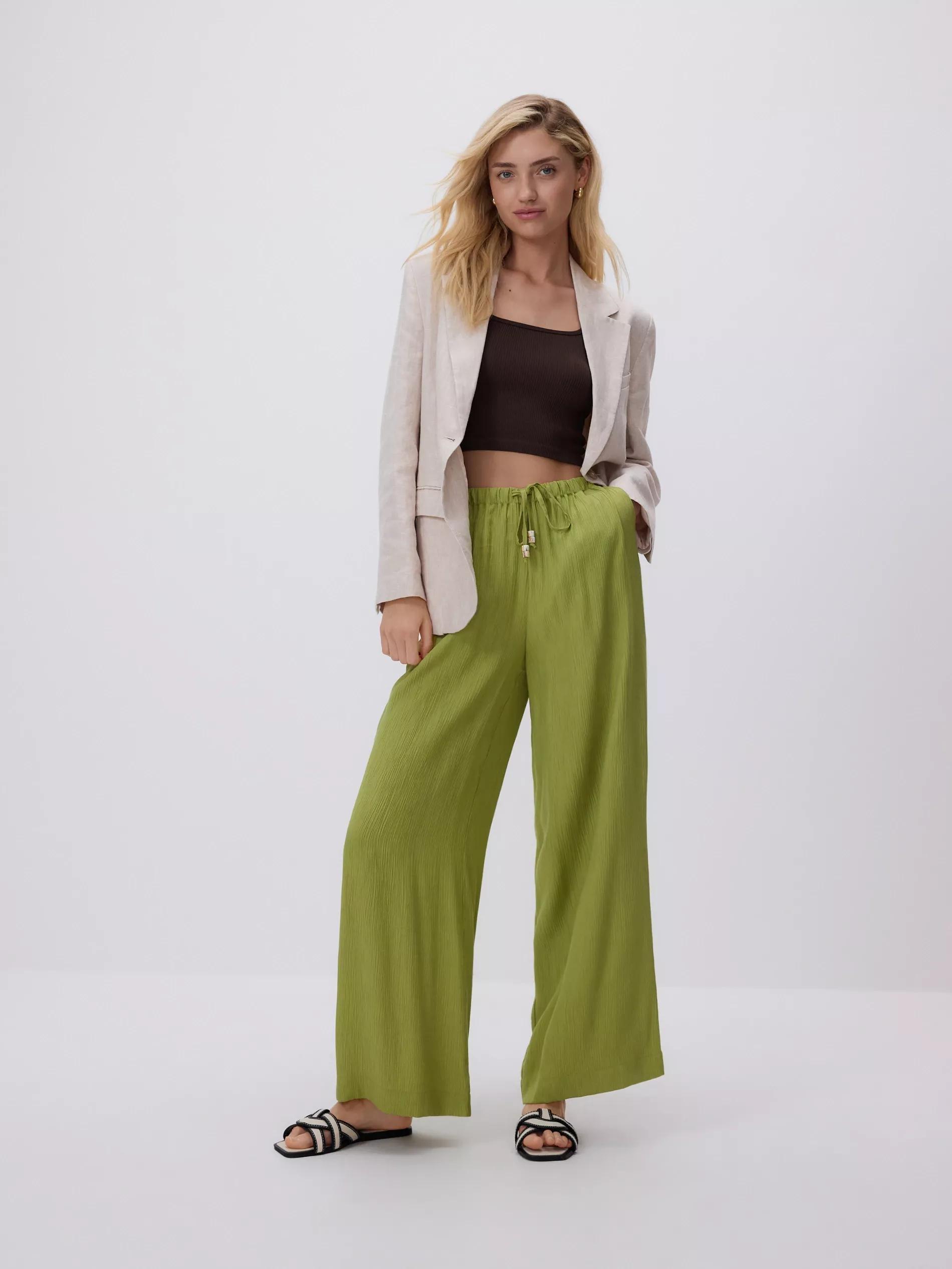 Green Structured Trousers With Tie-Up, Green, medium