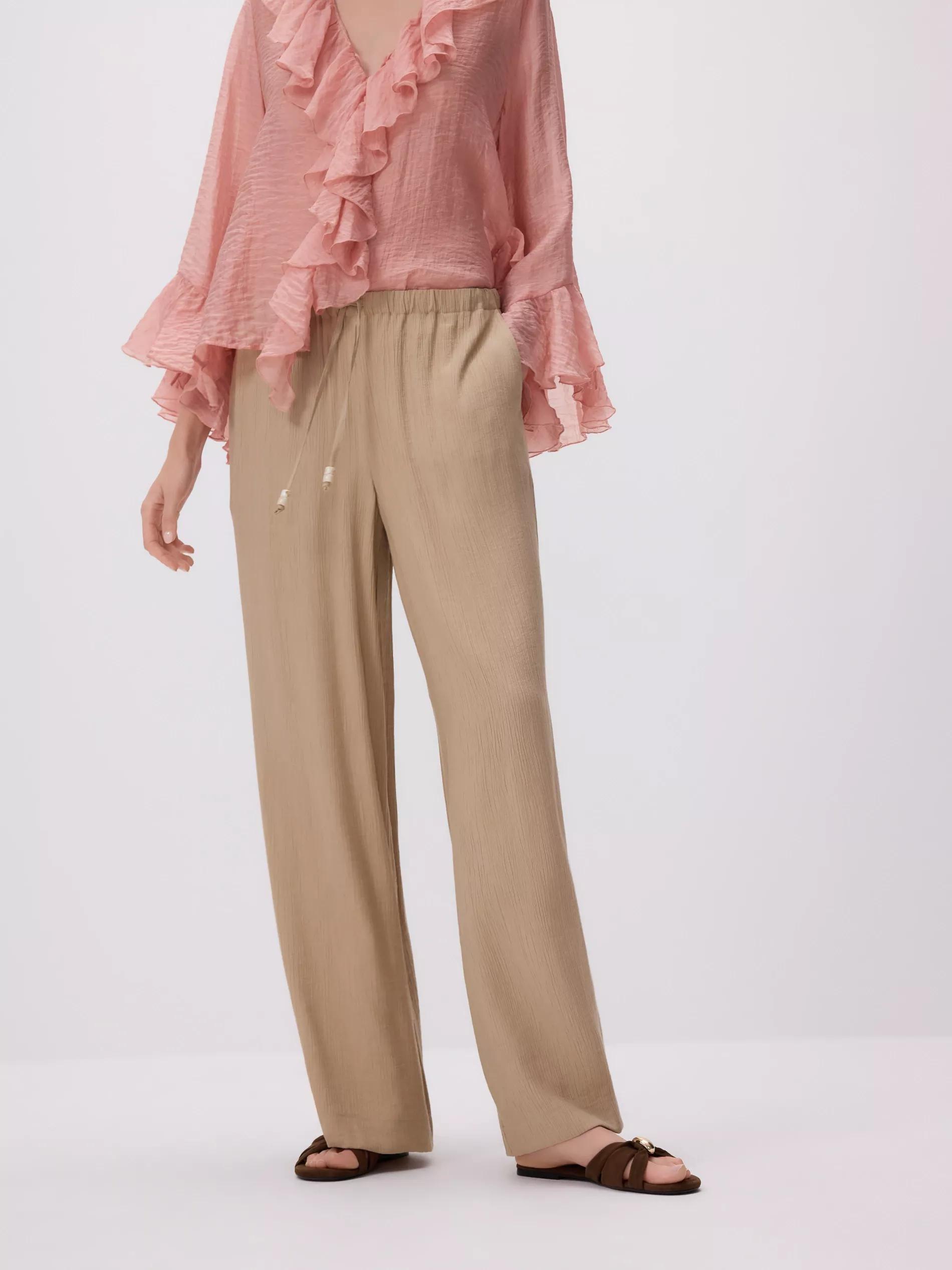Beige Structured Trousers With Tie-Up, Beige, medium