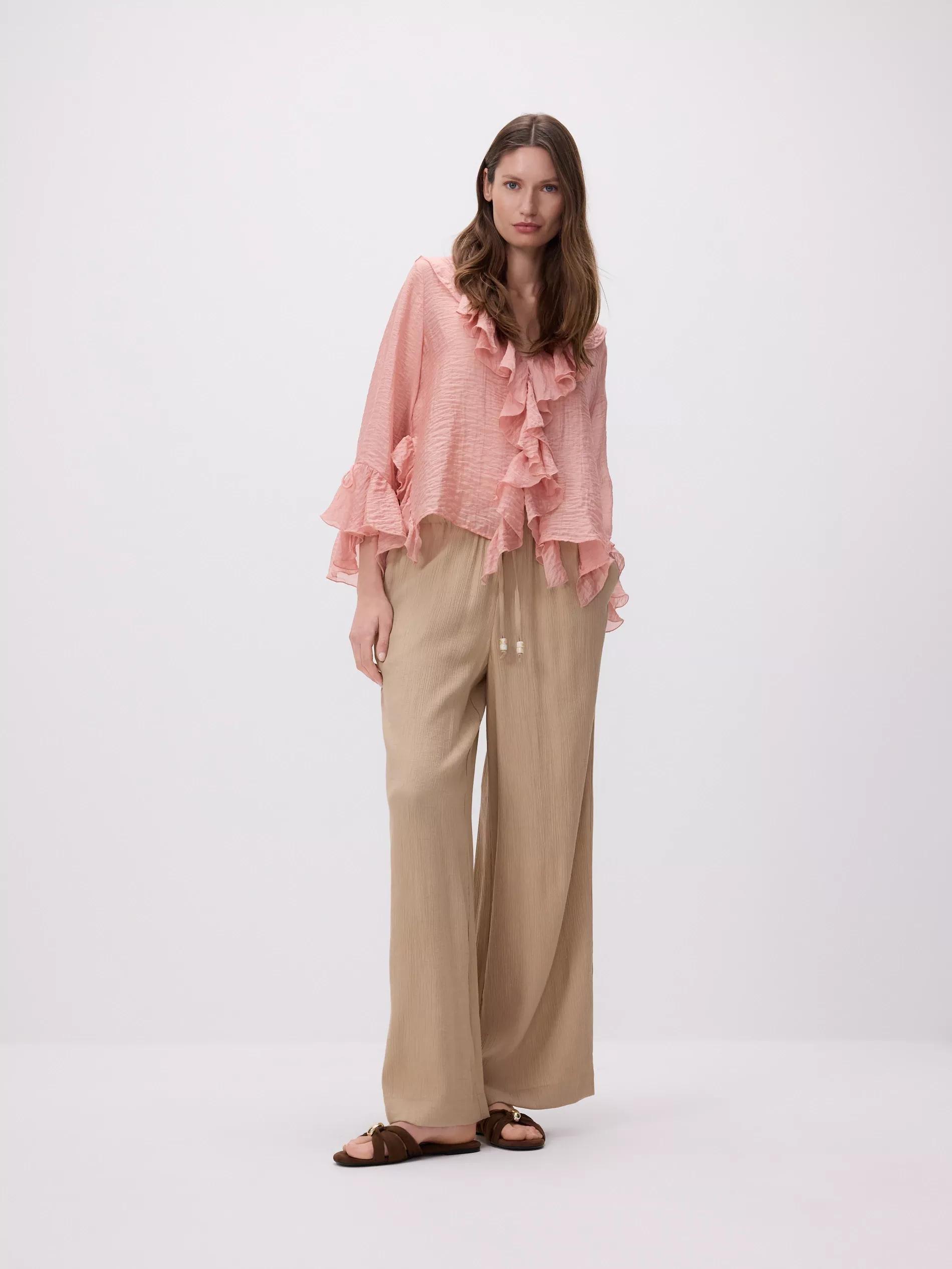 Beige Structured Trousers With Tie-Up, , large image number 1
