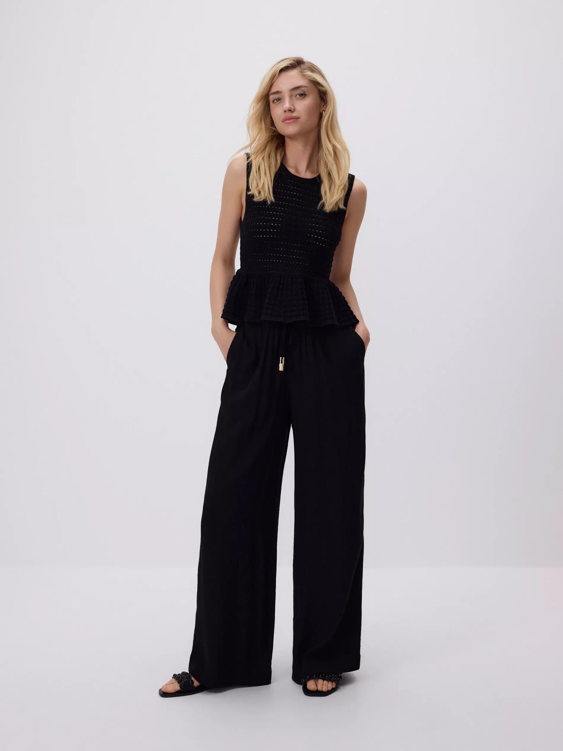Black Structured Trousers With Tie-Up, Black, medium