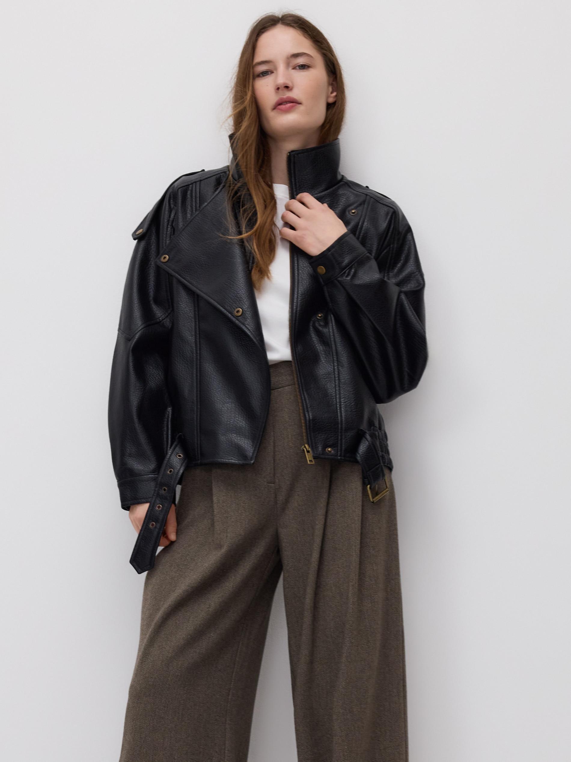 Black Faux Leather Jacket, Black, large image number 1