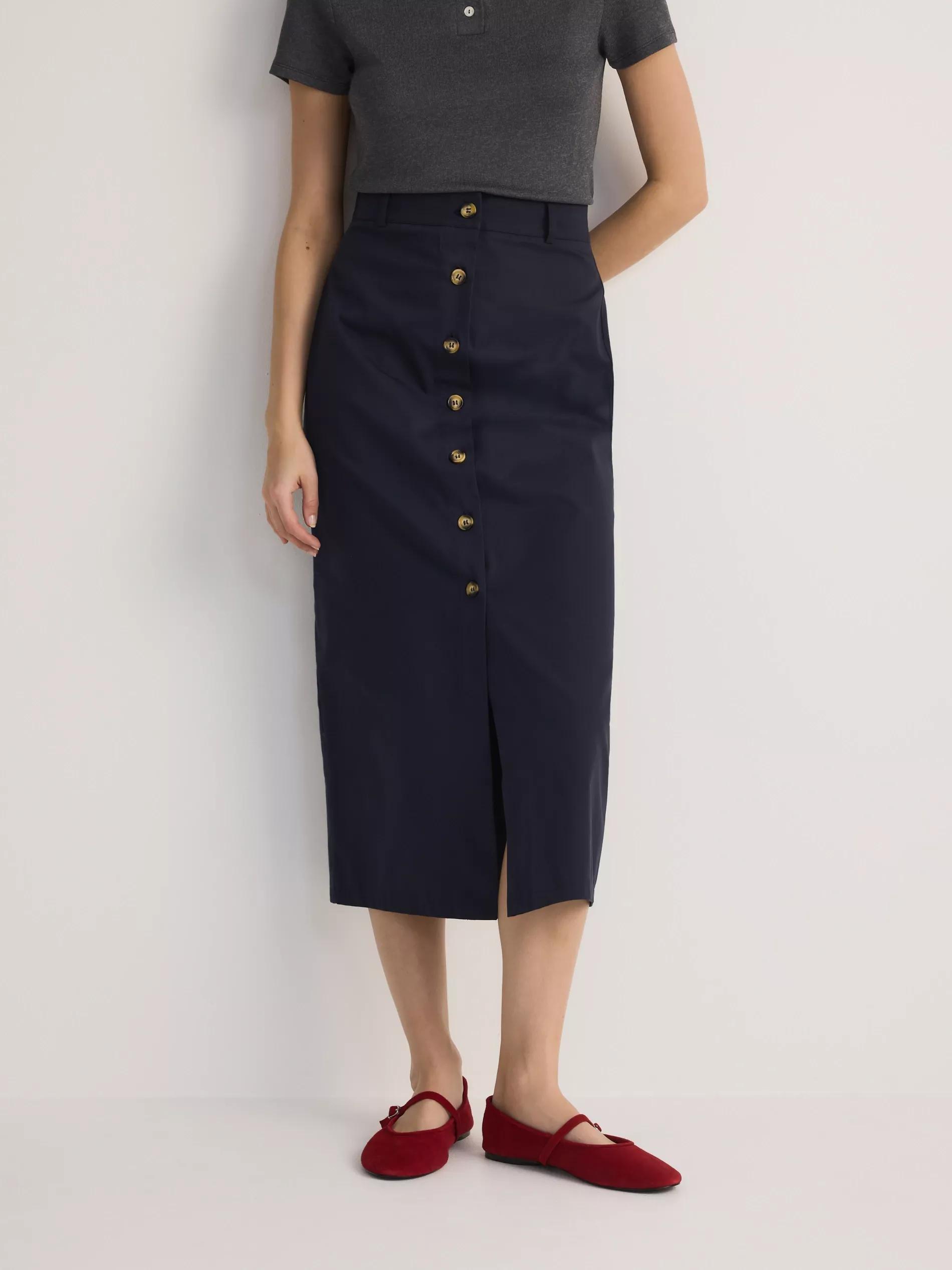 Navy Cotton Midi Skirt, , large image number 0