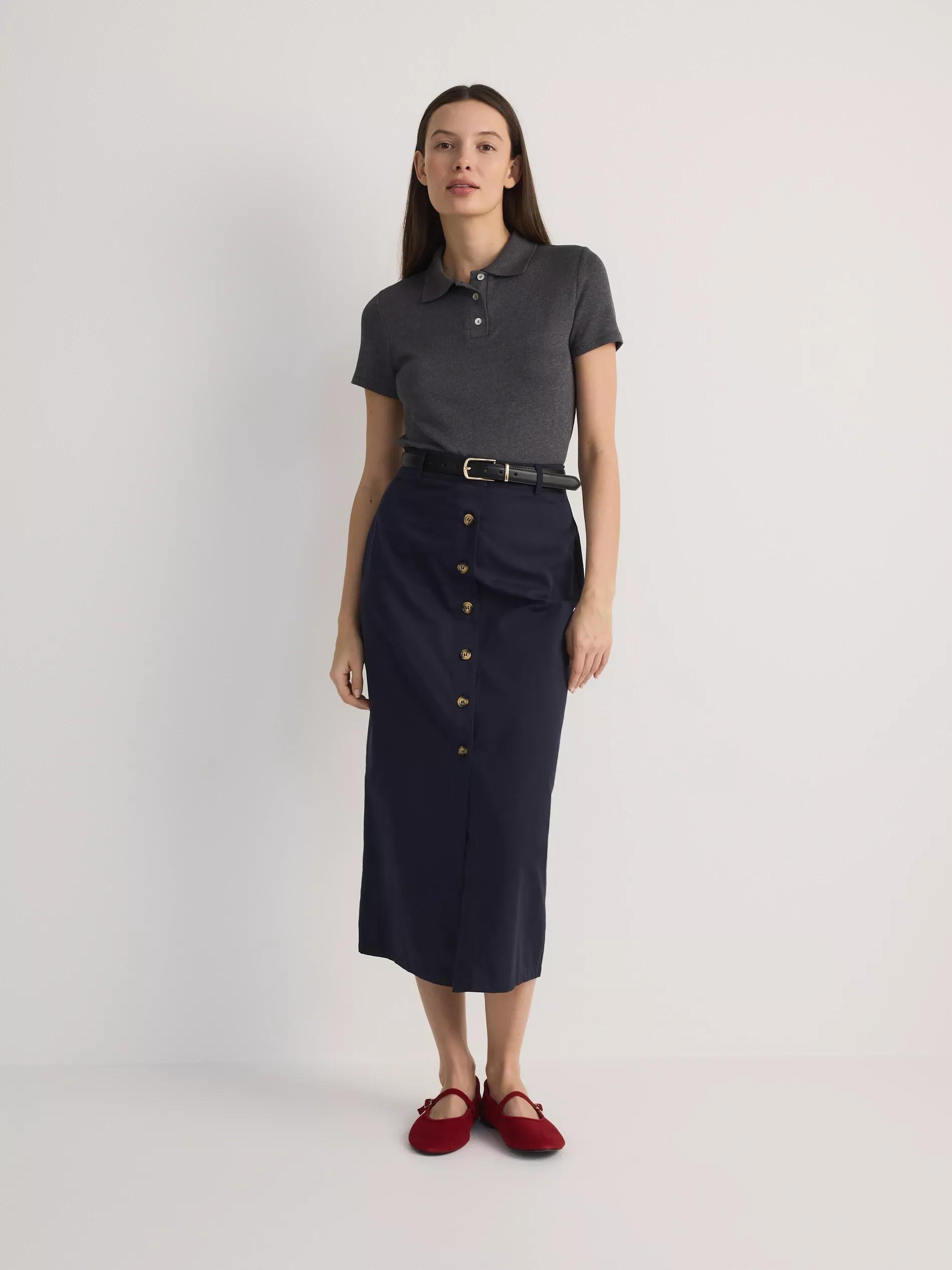 Navy Cotton Midi Skirt, , large image number 1