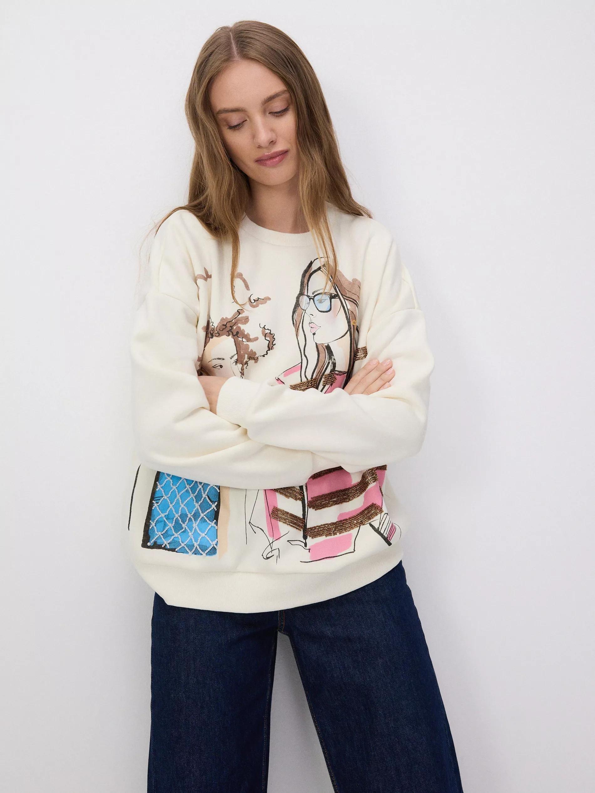 White Applique Cotton Sweatshirt, , large image number 1