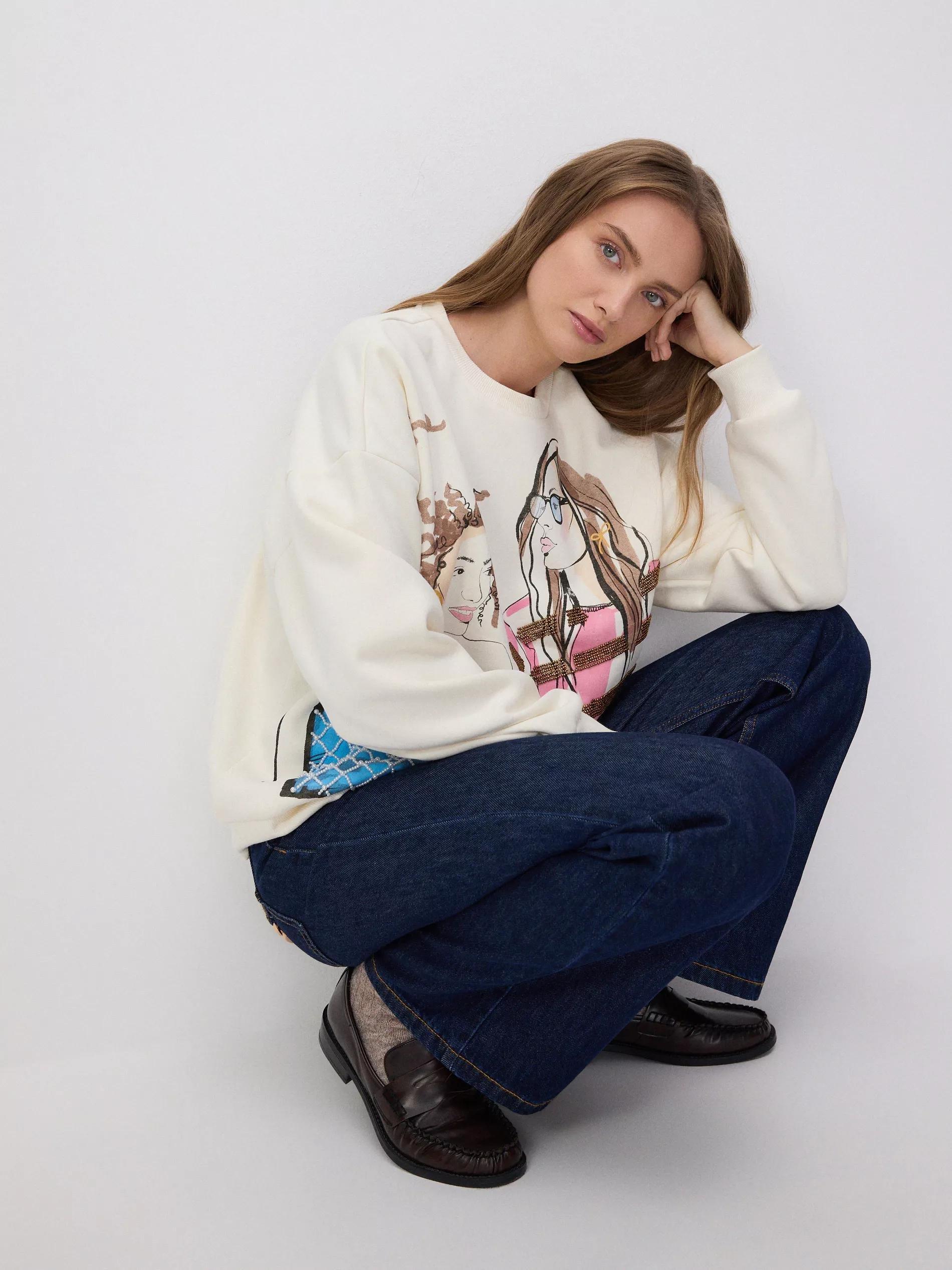 White Applique Cotton Sweatshirt, , large image number 2